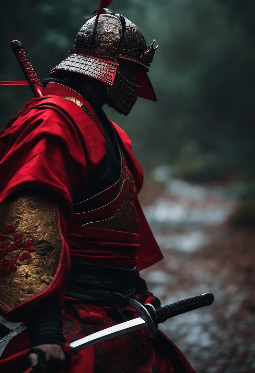 samurai com roupa escura, componentes de robo, com uma espada brilhando vermelho, de frente, fundo escuro, realista,