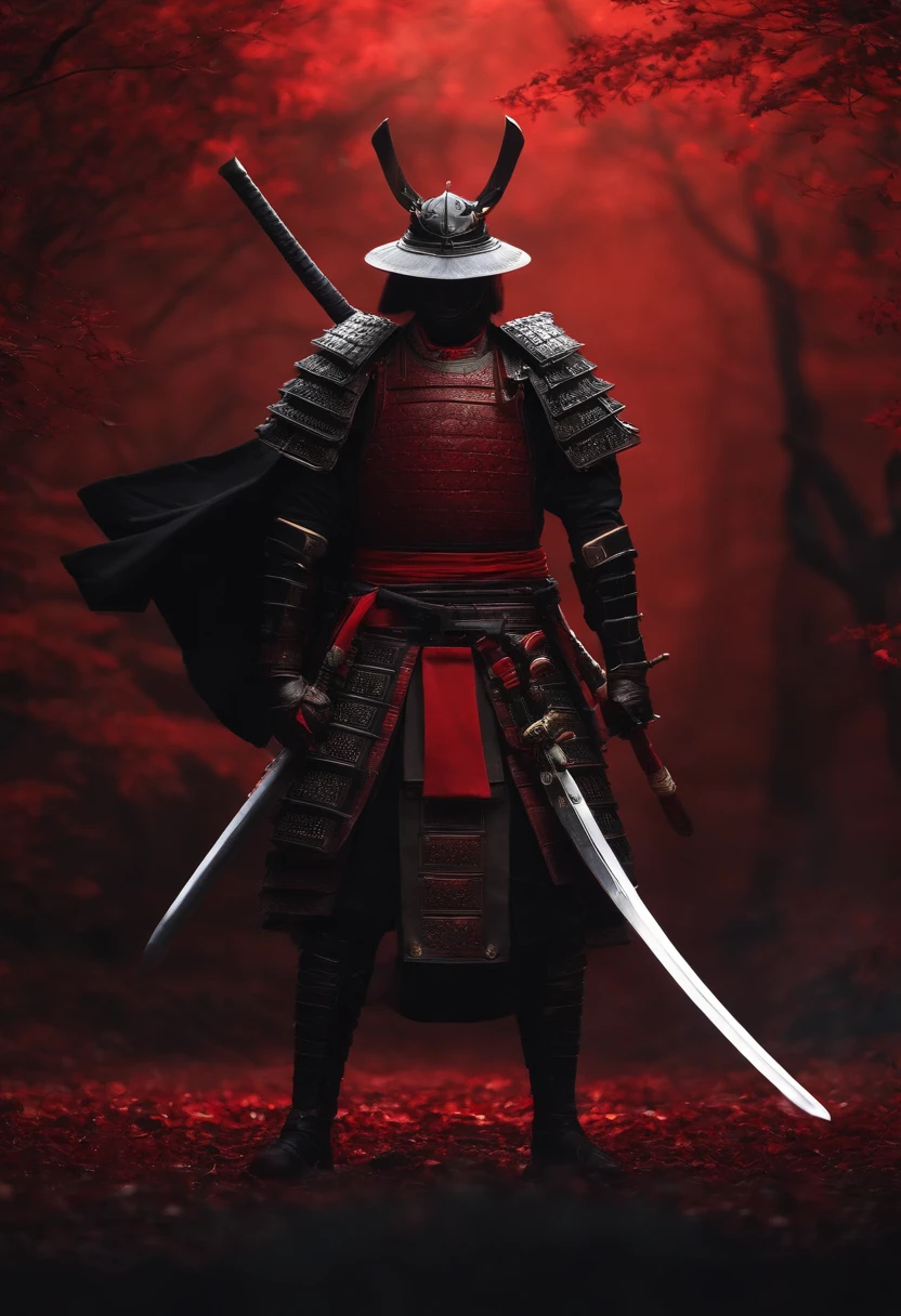 samurai com roupa escura, componentes de robo, com uma espada brilhando vermelho, de frente, fundo escuro, realista,