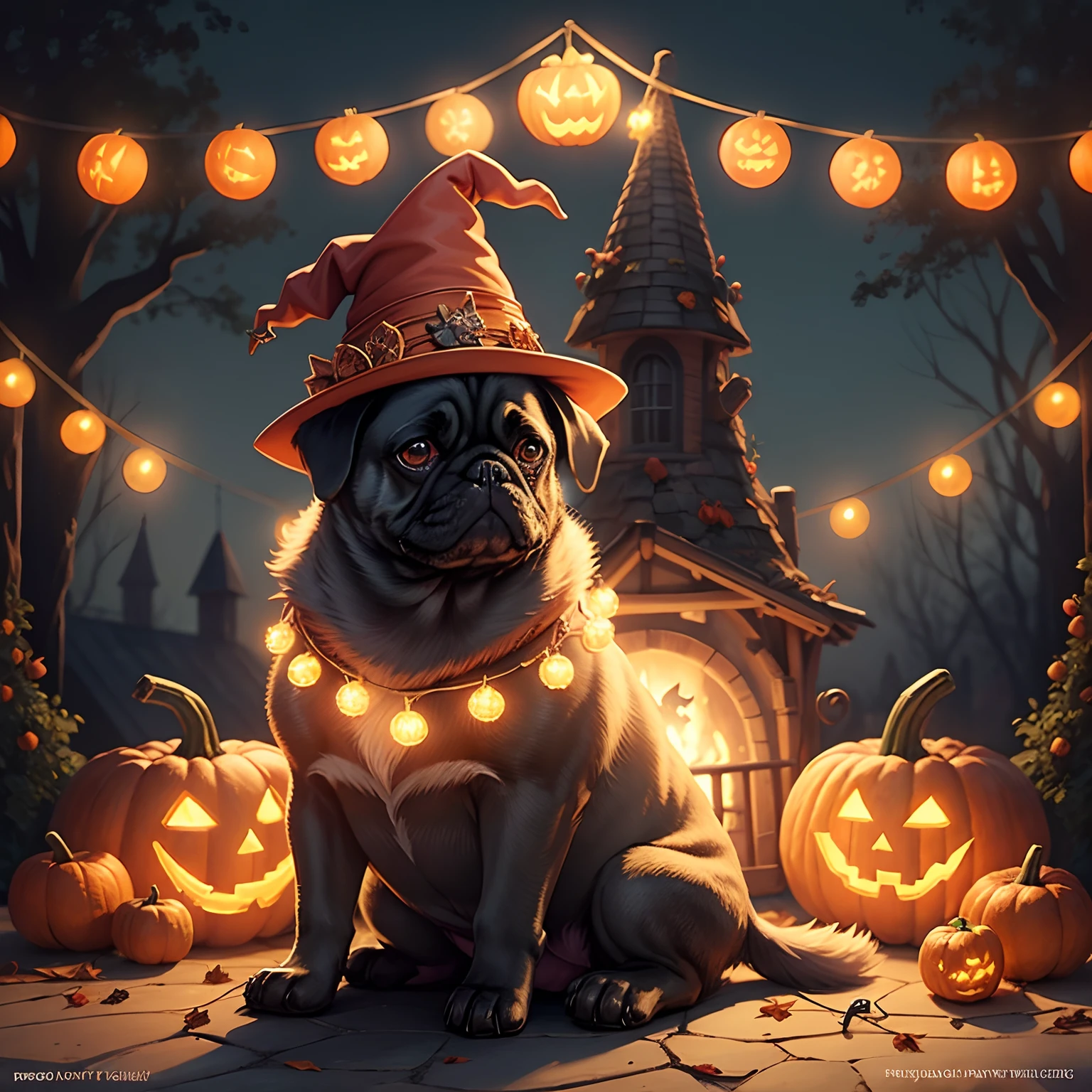 pug dog sitting by pumpkins, fairy lights, Halloween witches Hat, fantasy, digital art
