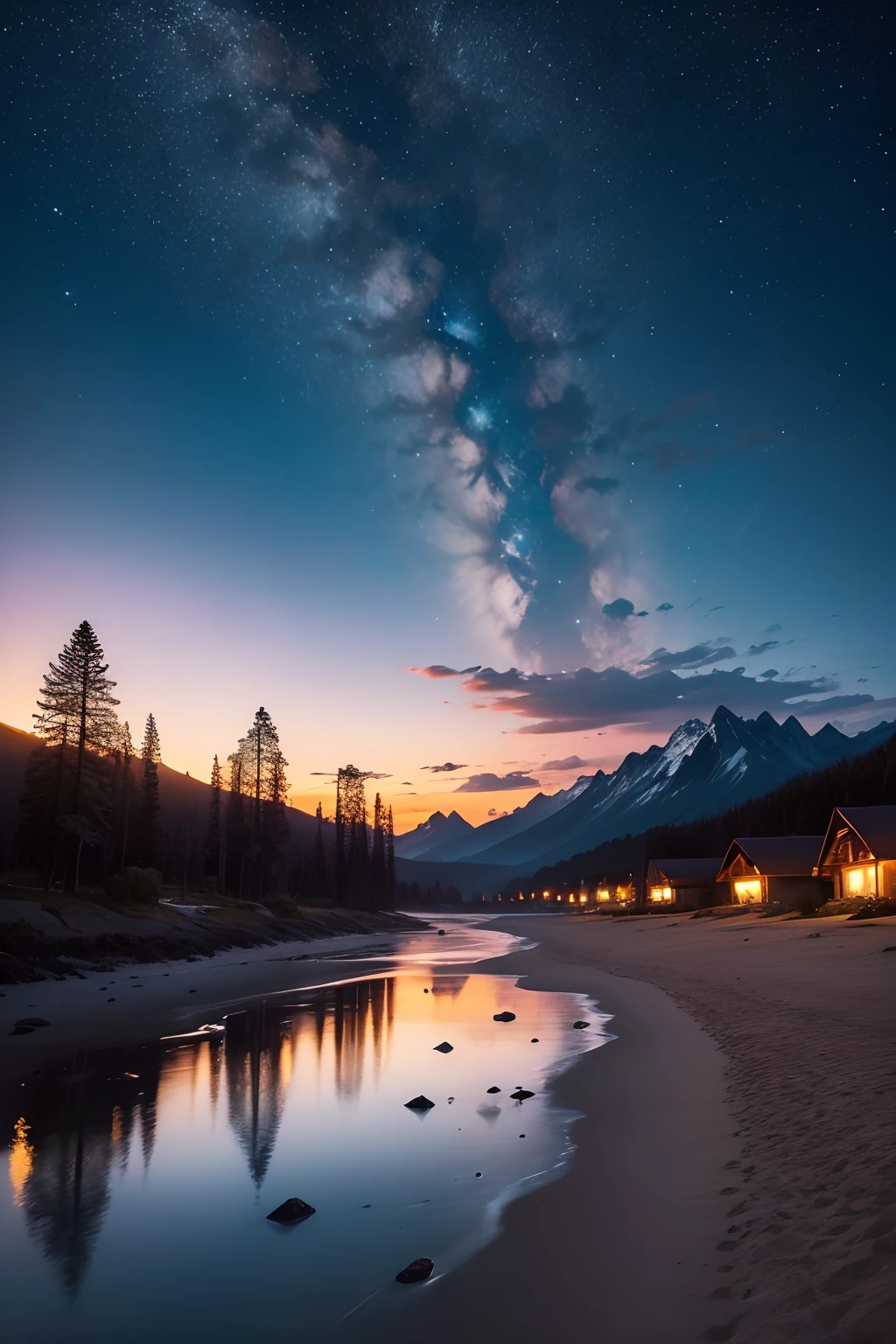 paisaje de playa, cielo estrellado, nebulosa, luna brillante, nubes brillantes, mountains in the distance, Tall trees, cottages