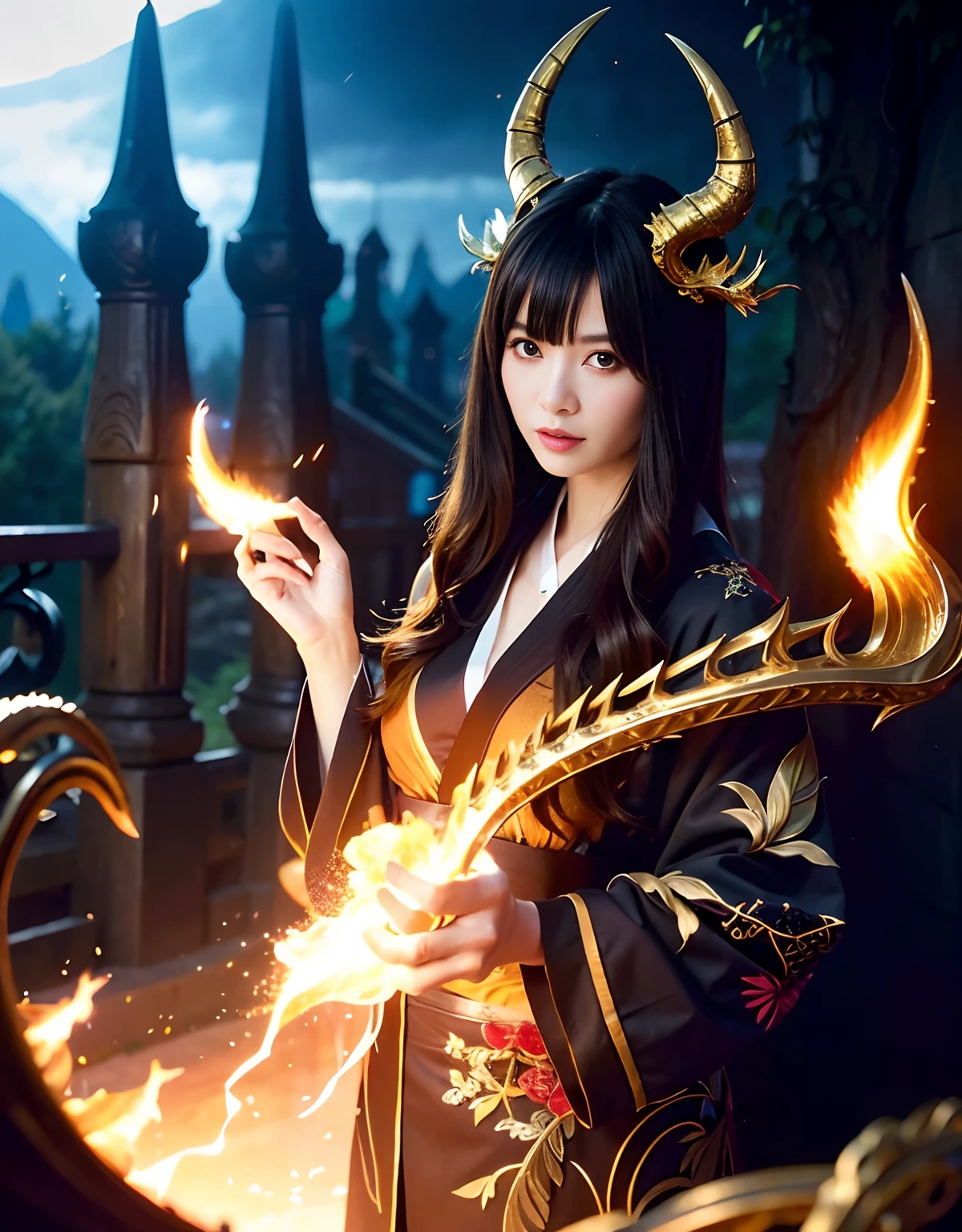 ((World of Darkness)),Professional , masterpiece、top-quality、photos realistic , depth of fields 、(sexypose)、(Black maple on the background of full bloom),(Ultimate Beauty)、A dark-haired、(shrine background)、(Kimono with beautiful pattern)、(Night background)、Beautiful hair ornament on the head、((Precipitous cliffs)),(Wear a beautiful kimono),(Wear a beautiful kimono with colorful floral patterns)、Jewel Gold Weapon、Particles of light),(Wearing a wizard's hat)、Gorgeous gold weapons ,Castle background、(( Gorgeous Dragon Sword)) , (a dark night),,(maikurobikini) 、((Black Haired Beautiful Girl))、(Castle background)、(demonic wings)、((Gangle's forest background))、Beautiful Caucasian beauty、1a person、dynamic ungle,(((Two devil's horns on the head)))、Smaller head、Idle Smile、Thin and beautiful female hands、Mystical expression、Light Effects、intense fighting、Wind-effect、magic circles、With the legendary magic wand、Dragon's tail、Full Body Angle、