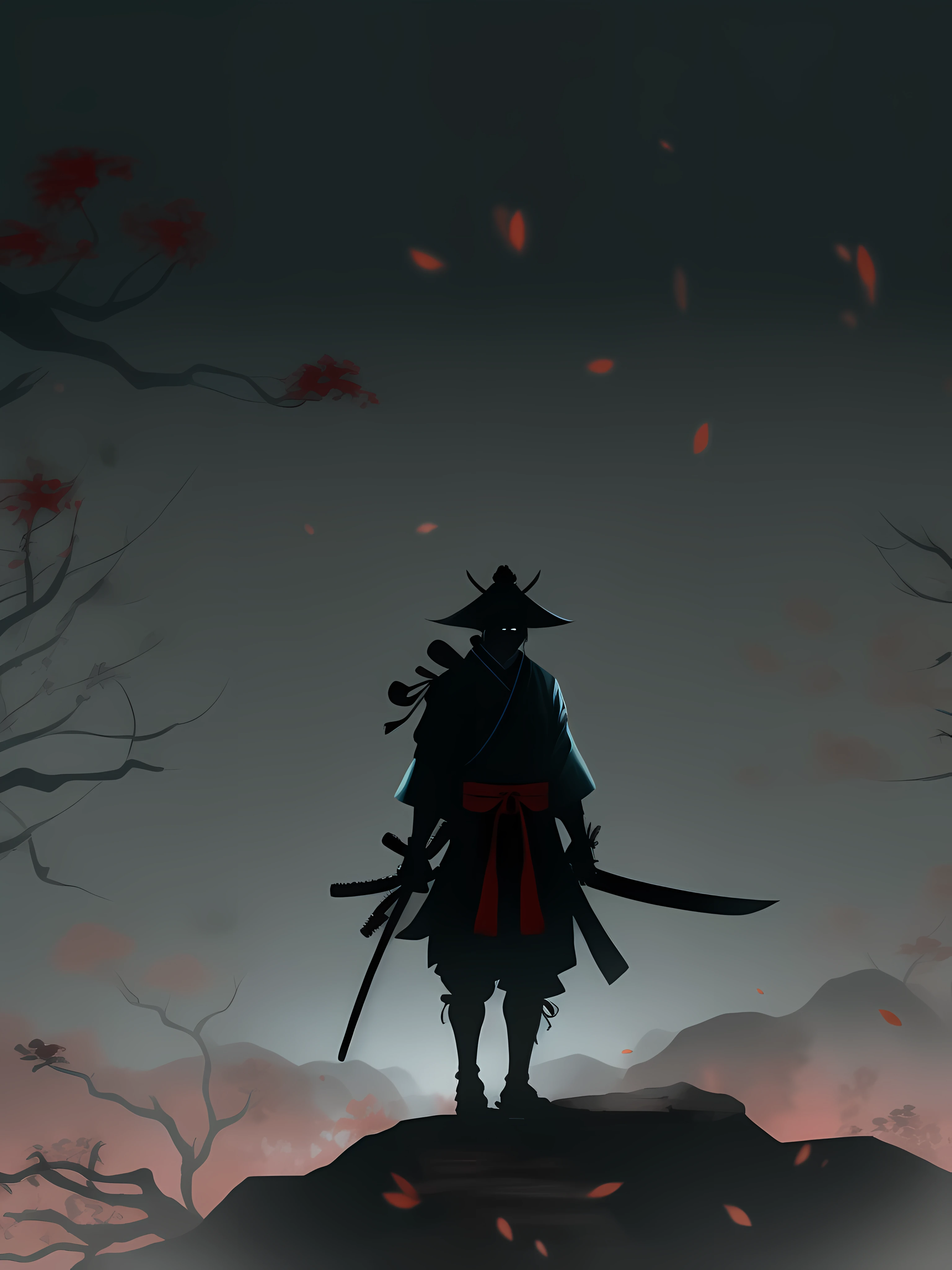 illustration, japanese vibe, samurai, dark, silhouette, cold