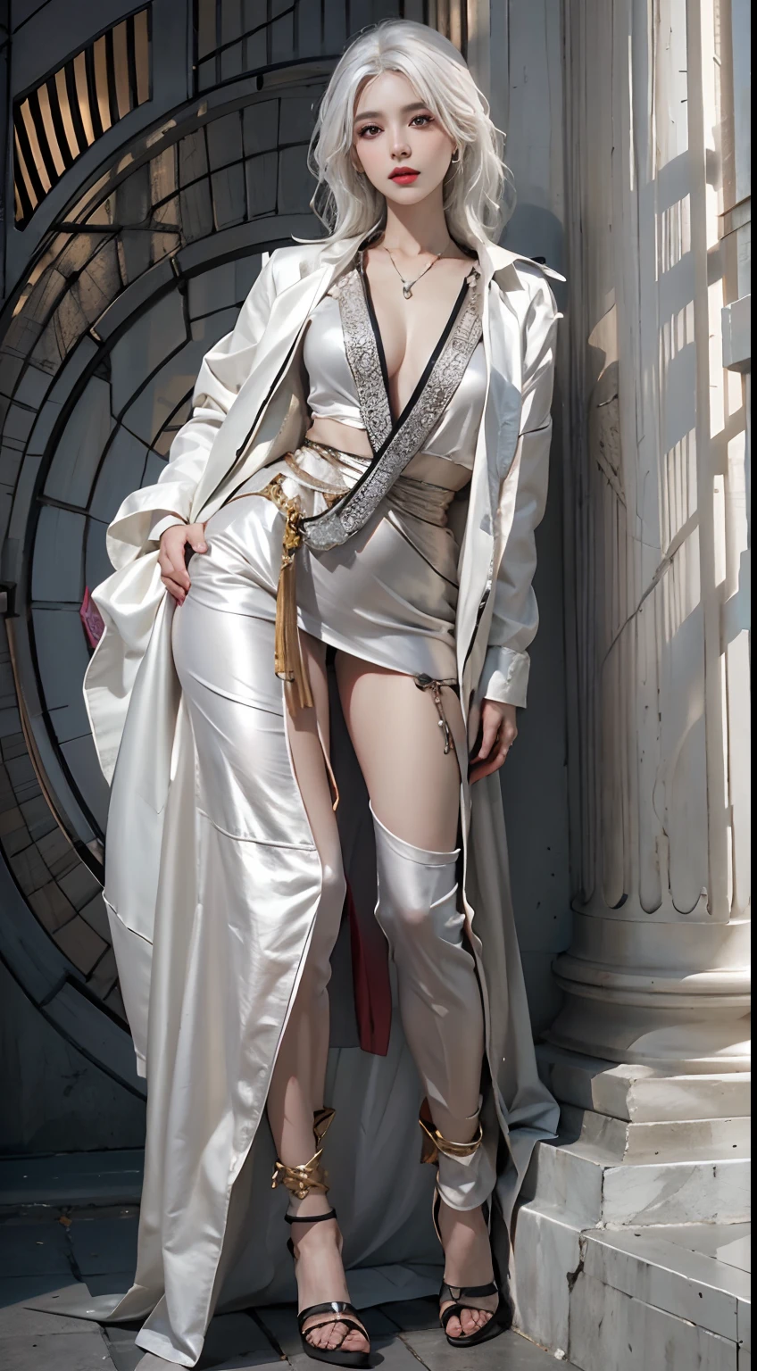 Photorealistic, high resolution, 1womanl, Solo, Hips up, view the viewer, (Detailed face), White hair, jaqueta de couro, jewelry