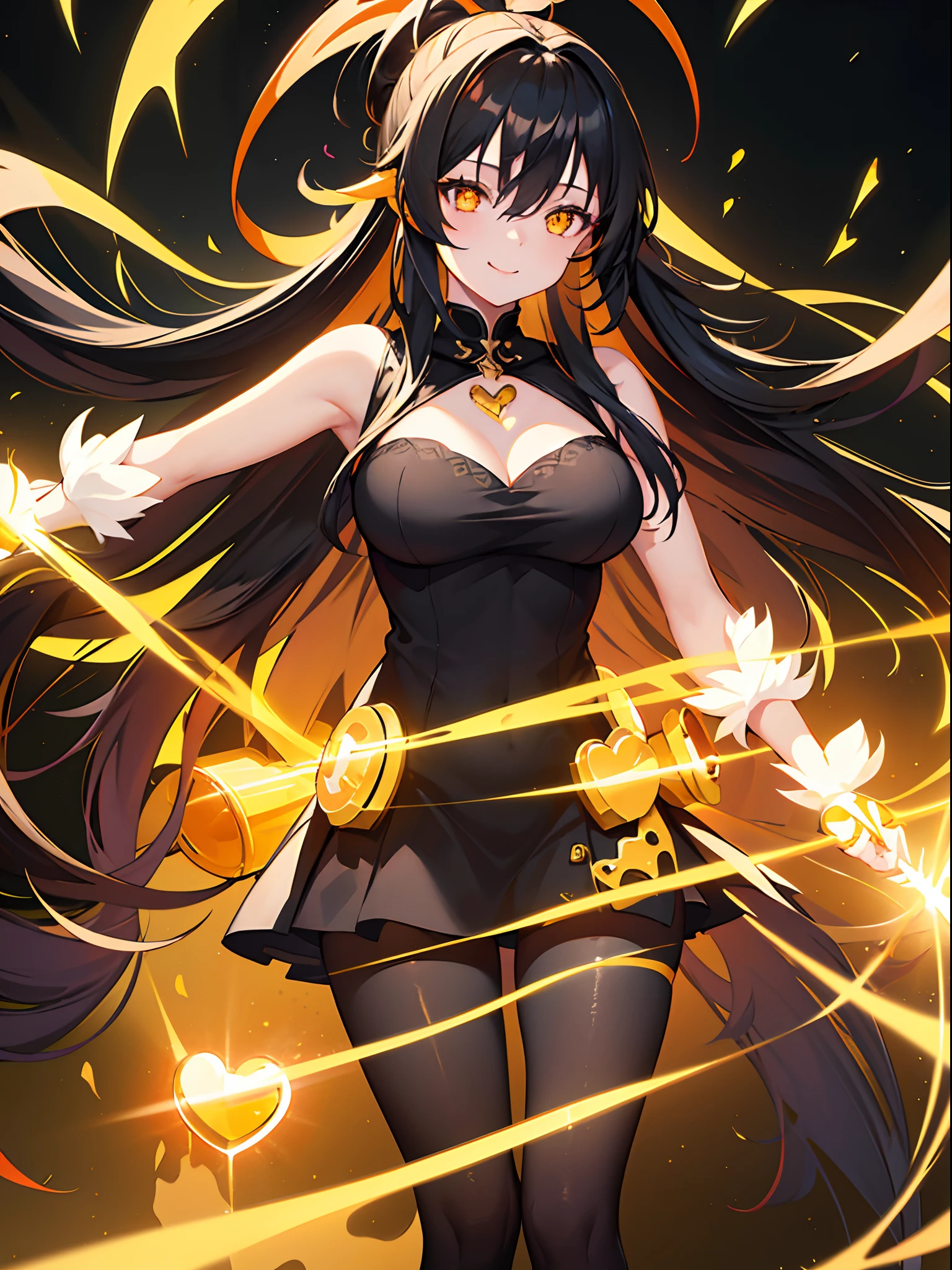 1girl,adorable girl,revealing dress,orange eyes,yellow sclera,heart-shaped pupils,light smile,long hair,black hair,high ponytail,crossed bangs,medium breasts,leggings,masterpiece,official art, extremely detailed CG unity 8k wallpaper