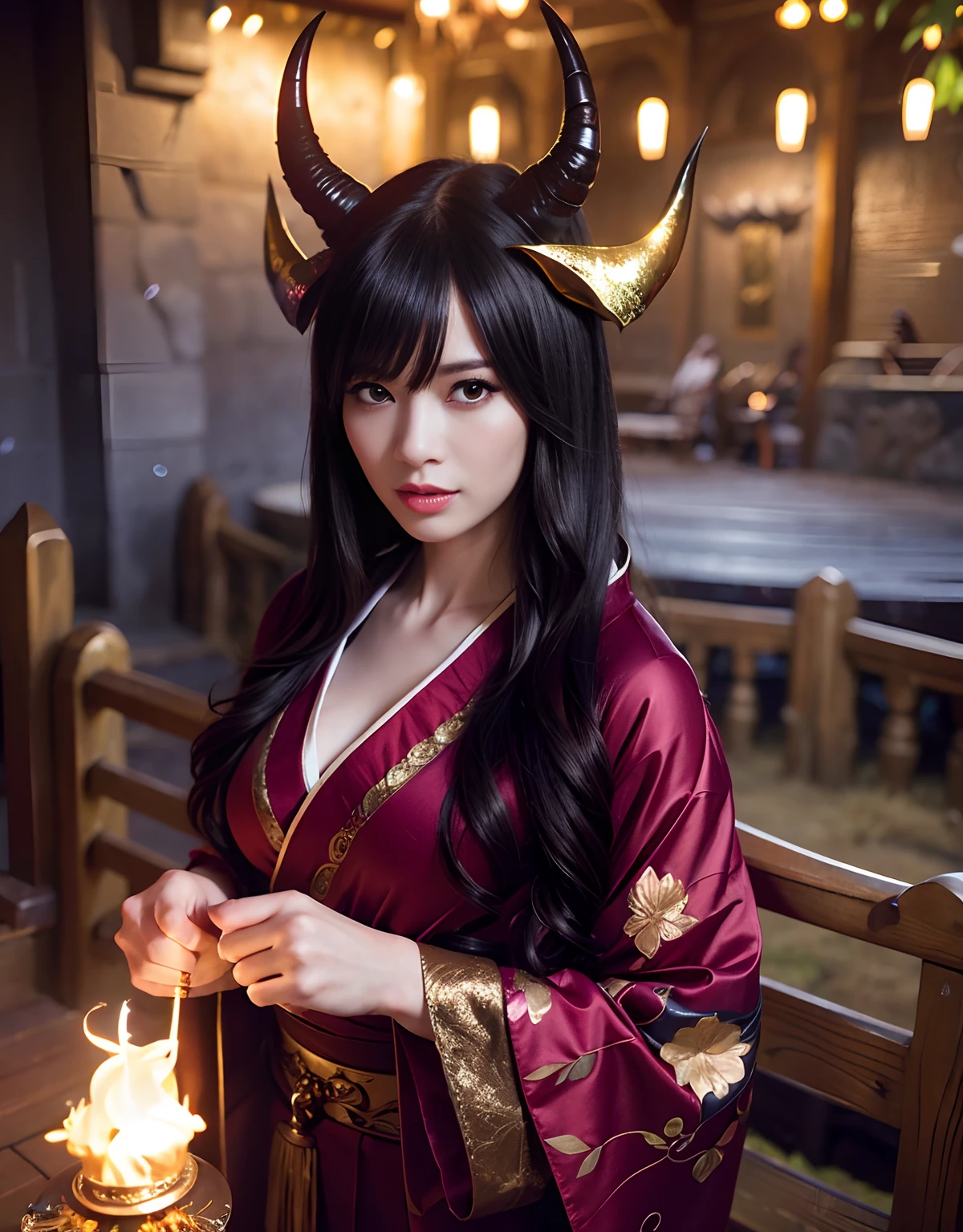 ((World of Darkness)),Professional , masterpiece、top-quality、photos realistic , depth of fields 、(sexypose)、(Black maple on the background of full bloom),(Ultimate Beauty)、A dark-haired、(shrine background)、(Kimono with beautiful pattern)、(Night background)、Beautiful hair ornament on the head、((Precipitous cliffs)),(Wear a beautiful kimono),(Wear a beautiful kimono with colorful floral patterns)、Jewel Gold Weapon、Particles of light),(Wearing a wizard's hat)、Gorgeous gold weapons ,Castle background、(( Gorgeous Dragon Sword)) , (a dark night),,(maikurobikini) 、((Black Haired Beautiful Girl))、(Castle background)、(demonic wings)、((Gangle's forest background))、Beautiful Caucasian beauty、1a person、dynamic ungle,(((Two devil's horns on the head)))、Smaller head、Idle Smile、Thin and beautiful female hands、Mystical expression、Light Effects、intense fighting、Wind-effect、magic circles、With the legendary magic wand、Dragon's tail、Full Body Angle、