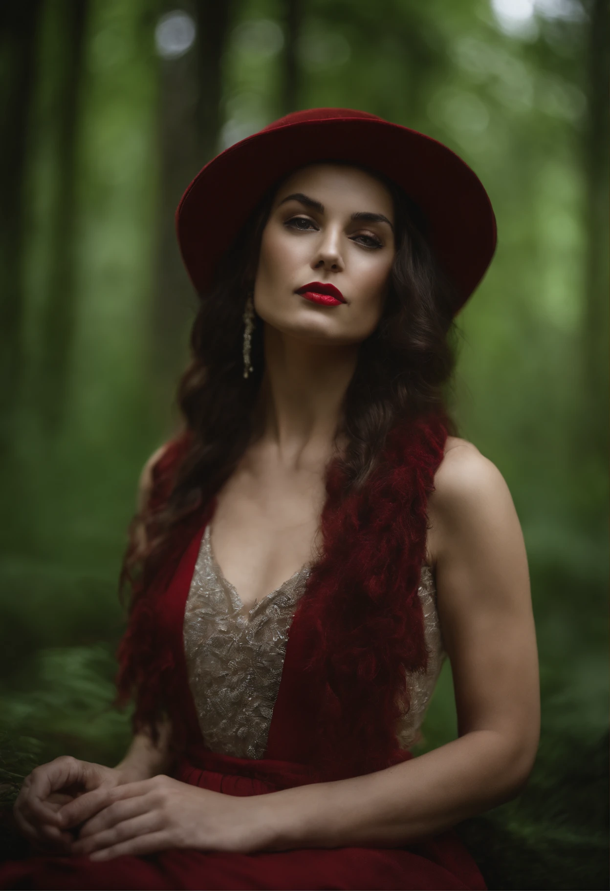 femme noire, Cheveux raides, delicate features, avec une bouche charnue et rouge, Porter un soutien-gorge vert et un string, in a forest.