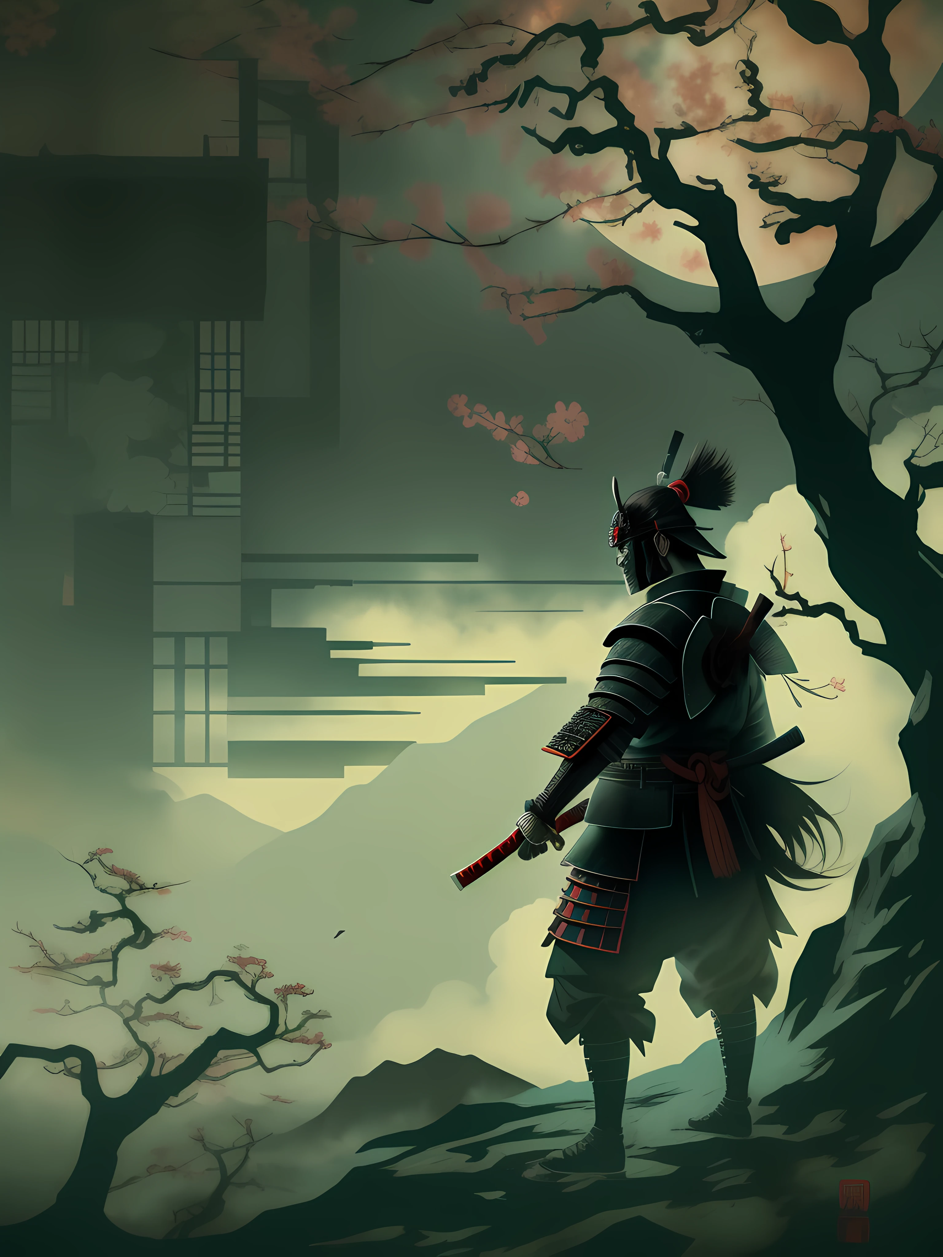 illustration, japanese vibe, samurai, dark, silhouette, cold