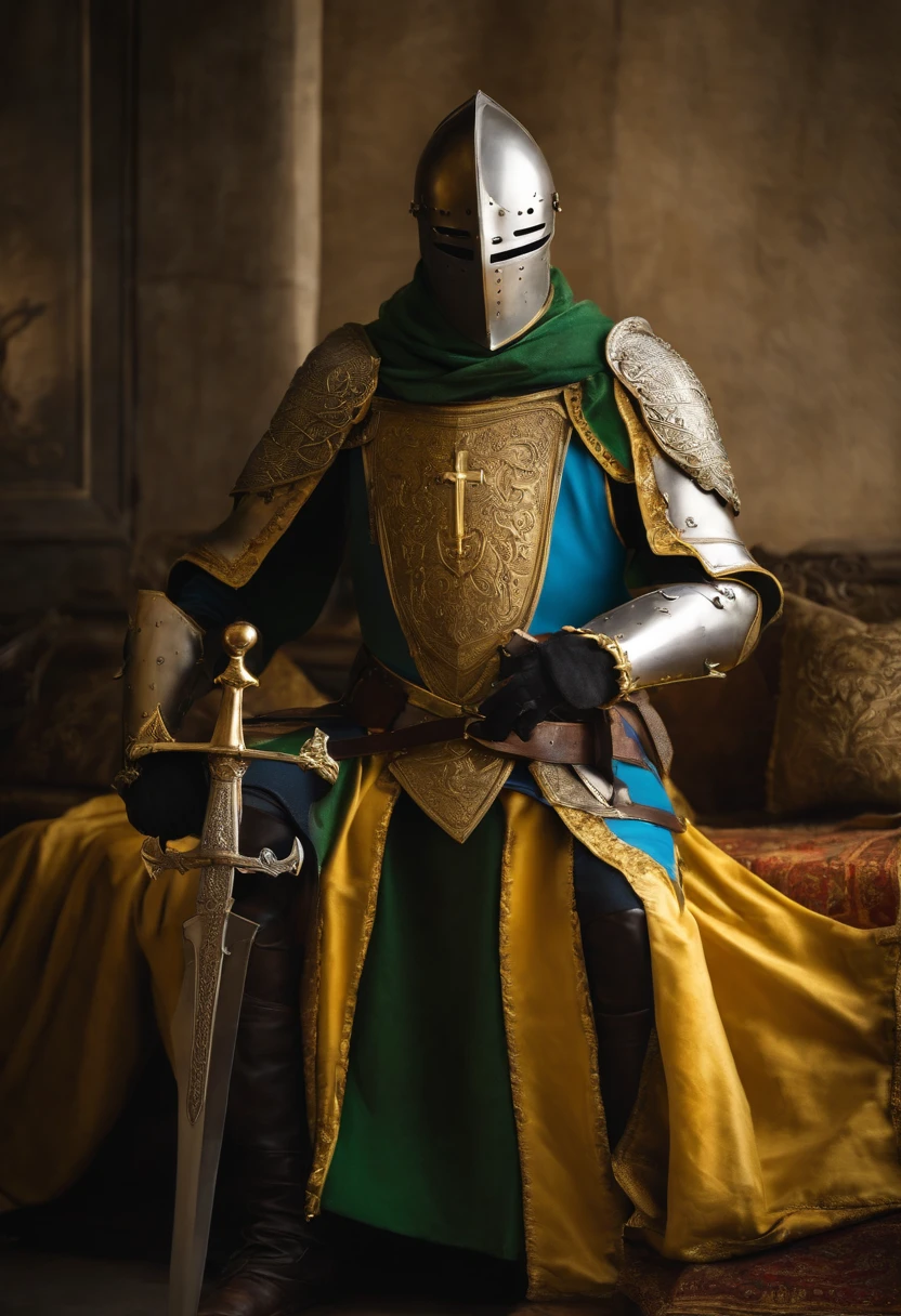 templar knight, hiper realista, armadura adornada em ouro, espada linda e reluzente, escudo em punho, medieval setting, vestes verde amarela e azul.