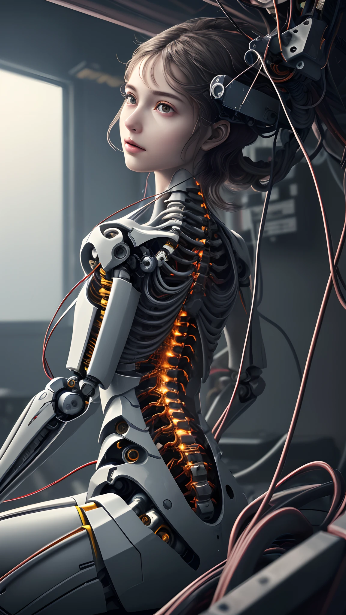 anime girl with a robot body sitting on a wall, translucid. biomechanical cyborg, rachado. biomechanical cyborg, cybernetic body, ciborgue - , meninague, Quebrado bonito android feminino!, transumano intrincado, biomechanical oppai, ciborgue derretido, intricate mechanical body, Arranhado. biomechanical cyborg, menina bonitrgue