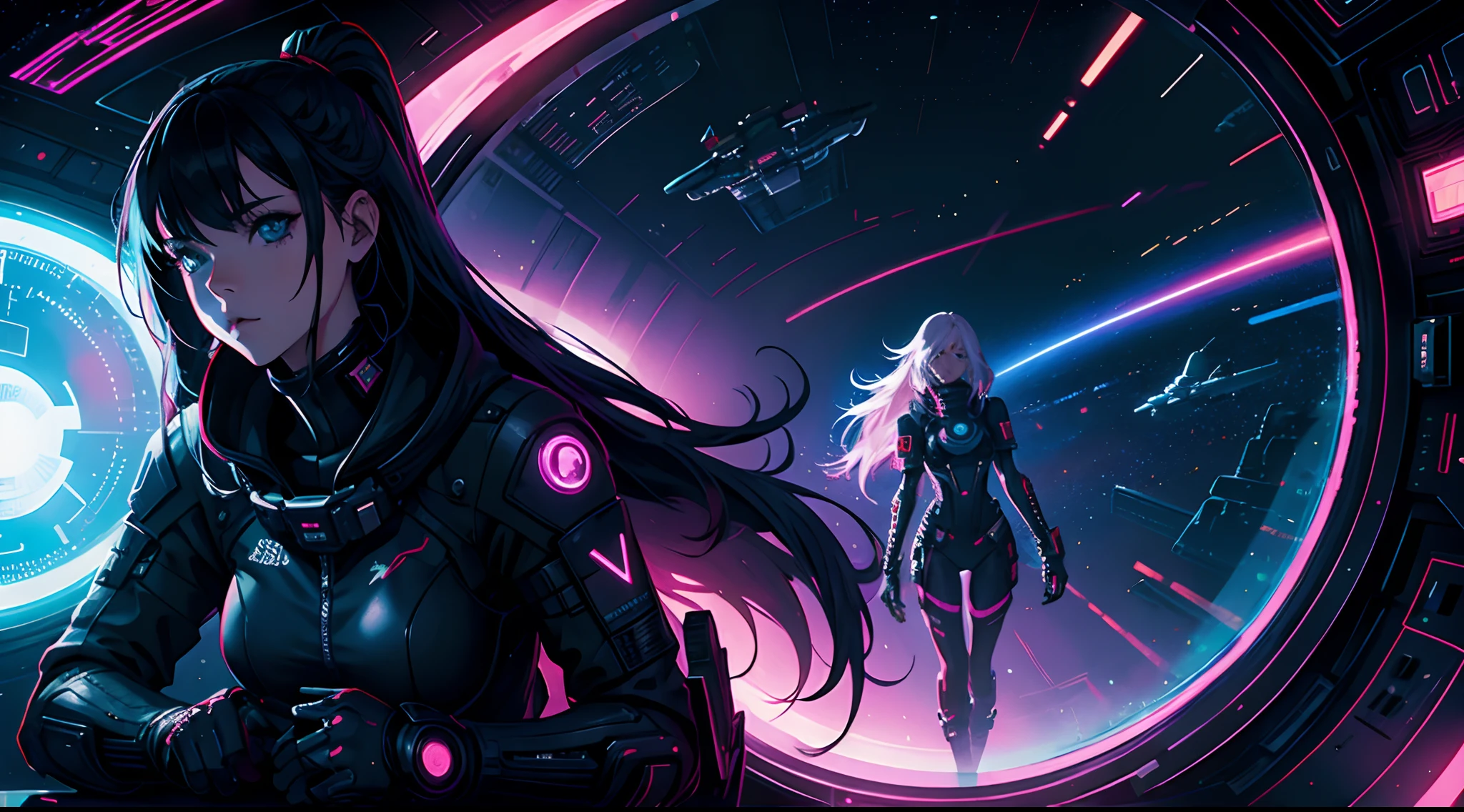cyberpunk girl with long hair, silhouette, in space