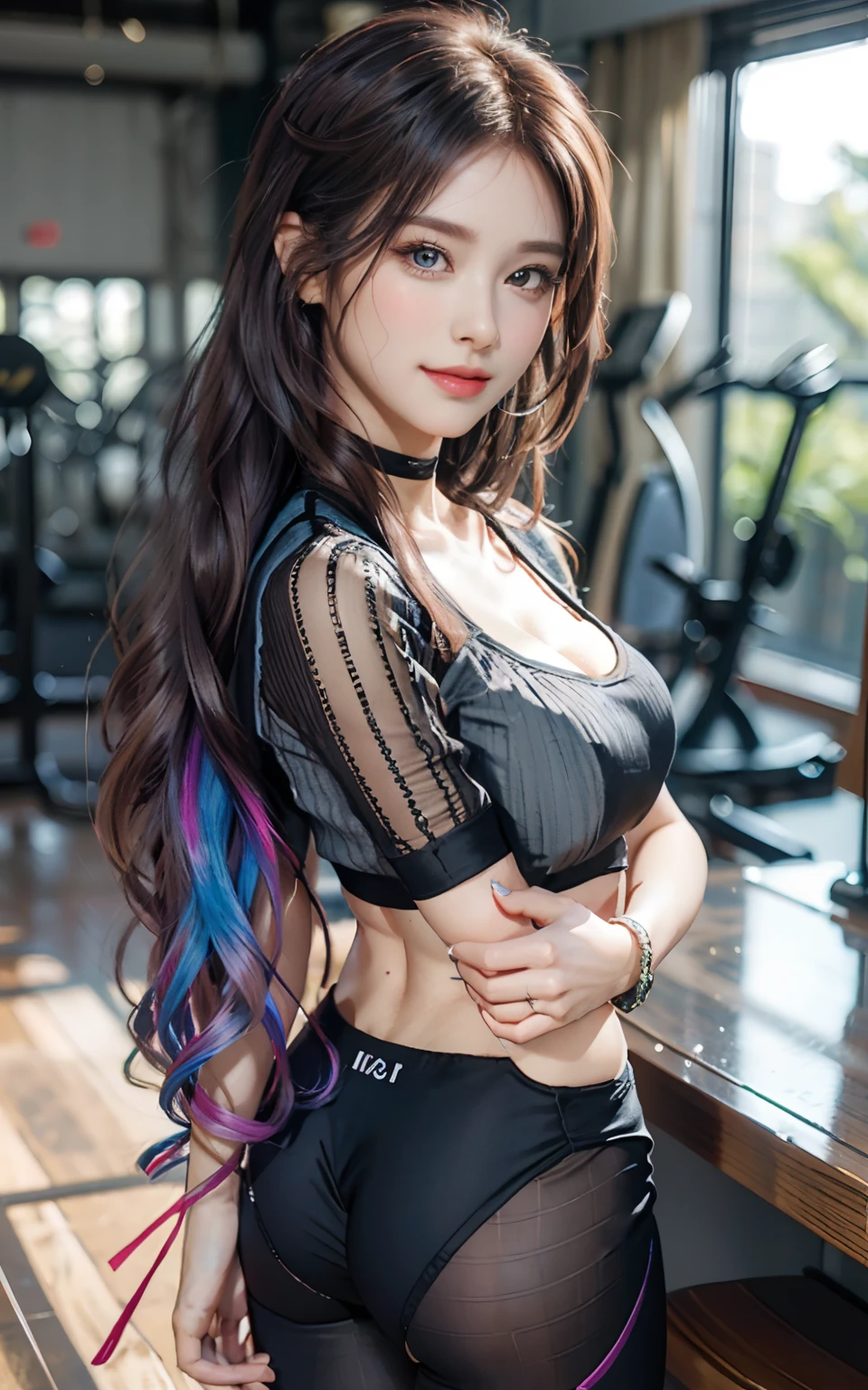 ((huge-breasted)), ((,)), ((Very small head)), Daylight, Sunlight, Bright light, (Perfect body : 1.1), (fullllbody), (short wavy hair:1.2, dark brown hair, Pink and blue mesh hair, Thin mesh), Full body shot, ((Tight workout wear), (Sweat), (Very detailed CG 8k wallpaper), (extremely delicate and beautiful), (masutepiece), (Best Quality:1.0), (超A high resolution:1.0), (realisitic), beautiful lightning ,Perfect Lightning, Realistic Shadows, [hight resolution], Detailed skin, Ultra-detailed, Slim body), (Beautiful hair, Wavy Hair, Real Hair, detailed hairs, High Ponytail), Fine Collarbone, Beautiful breasts, blush, Photorealistic, Realistic face, Beautiful face, Cute face, Realistic eyes, Small eyes, Cute smile, (((Colorful))), (eye liner), (mascara), (eye shadow), (At the gym), Looking back, bighip, (child-faced)