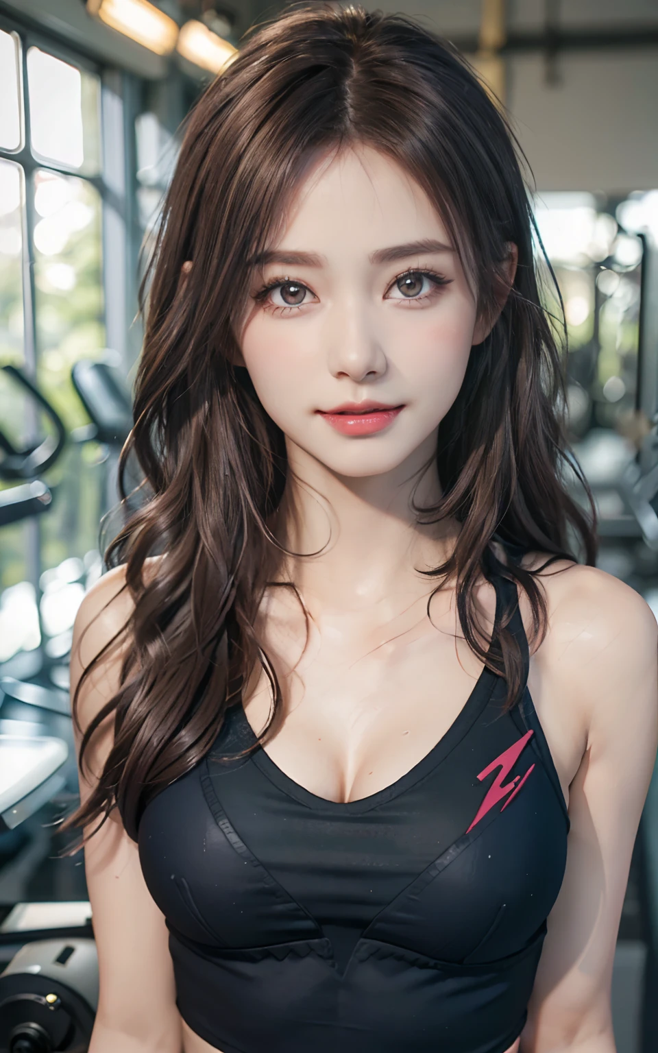 ((huge-breasted)), ((,)), ((Very small head)), Daylight, Sunlight, Bright light, (Perfect body : 1.1), (fullllbody), (short wavy hair:1.2, dark brown hair, Pink and blue mesh hair, Thin mesh), Full body shot, ((Tight workout wear), (Sweat), (Very detailed CG 8k wallpaper), (extremely delicate and beautiful), (masutepiece), (Best Quality:1.0), (超A high resolution:1.0), (realisitic), beautiful lightning ,Perfect Lightning, Realistic Shadows, [hight resolution], Detailed skin, Ultra-detailed, Slim body), (Beautiful hair, Wavy Hair, Real Hair, detailed hairs, High Ponytail), Fine Collarbone, Beautiful breasts, blush, Photorealistic, Realistic face, Beautiful face, Cute face, Realistic eyes, Small eyes, Cute smile, (((Colorful))), (eye liner), (mascara), (eye shadow), (At the gym), Looking back, bighip, (child-faced)