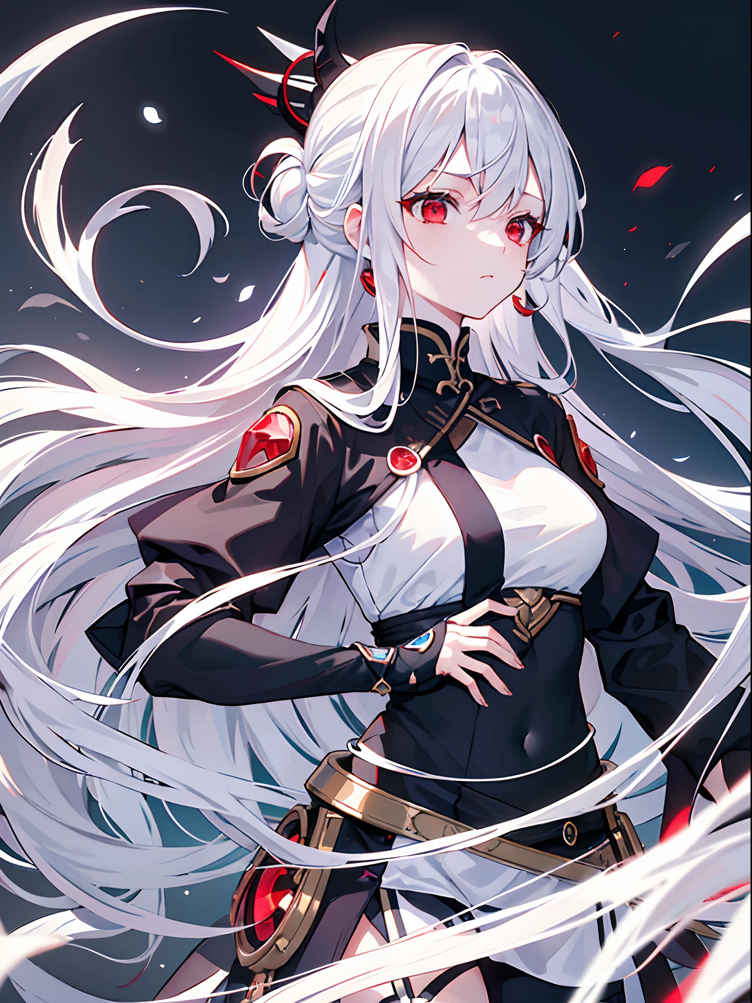 girl,long hair,medium breasts,masterpiece,ninja,Hair rings,Half updo,Iceberg Beauty,1girl,red eyes,long hair,hime_cut,{hair in takes},medium breasts,white hair,silver_hair,