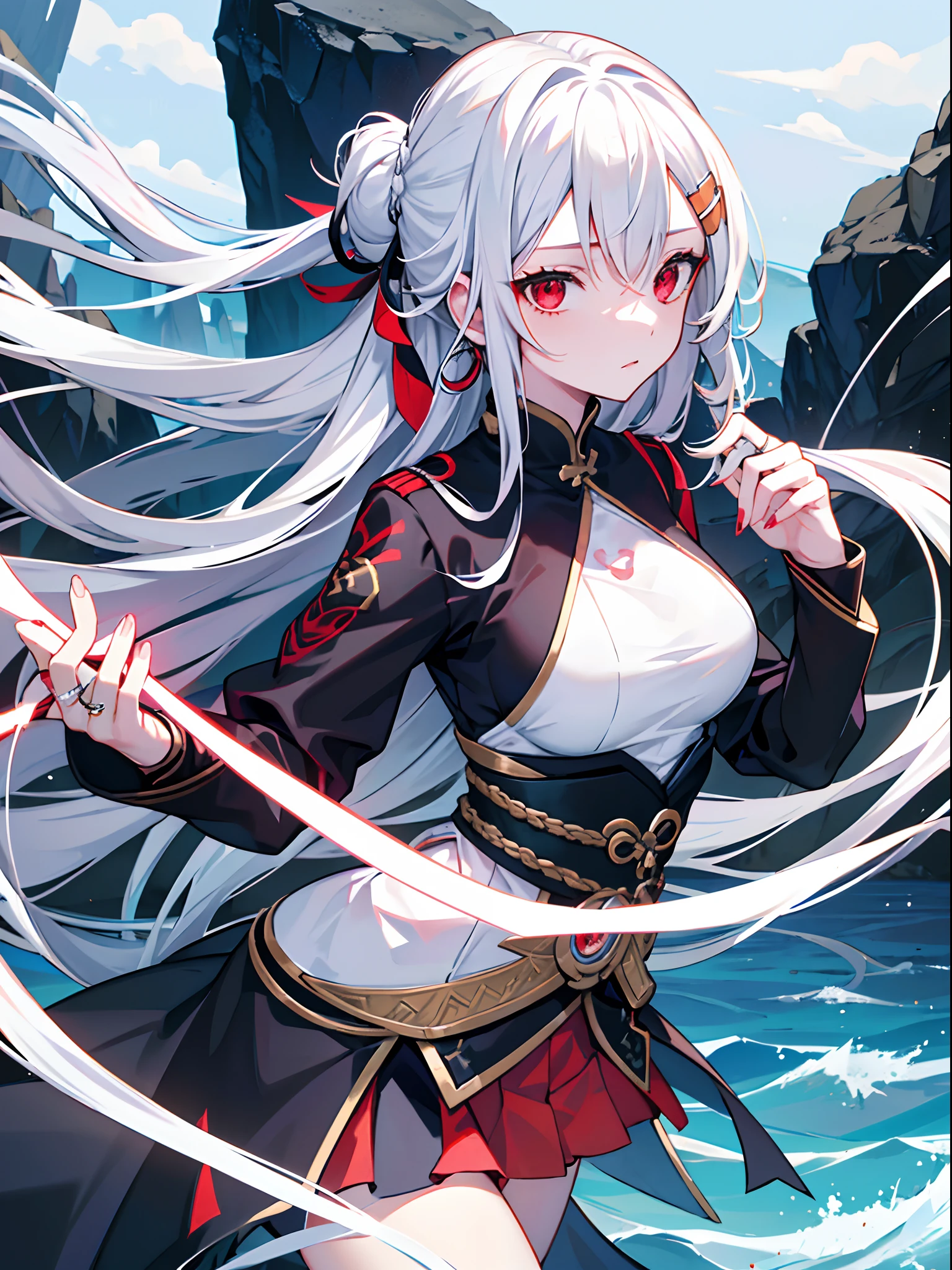 girl,long hair,medium breasts,masterpiece，ninja，Hair rings,Half updo，Iceberg Beauty,1girl,red eyes,long hair,hime_cut,{hair in takes},medium breasts,white hair,silver_hair，