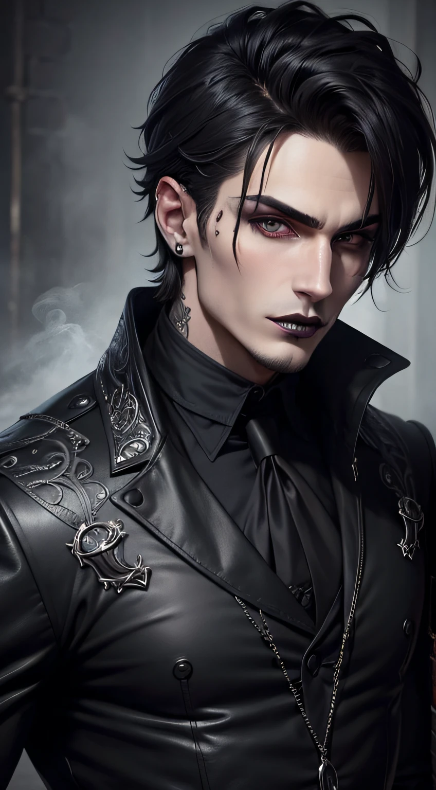 charming gothic male, chiseled jaw, black lips, eyeliner, seductive look, soot-covered clothes
