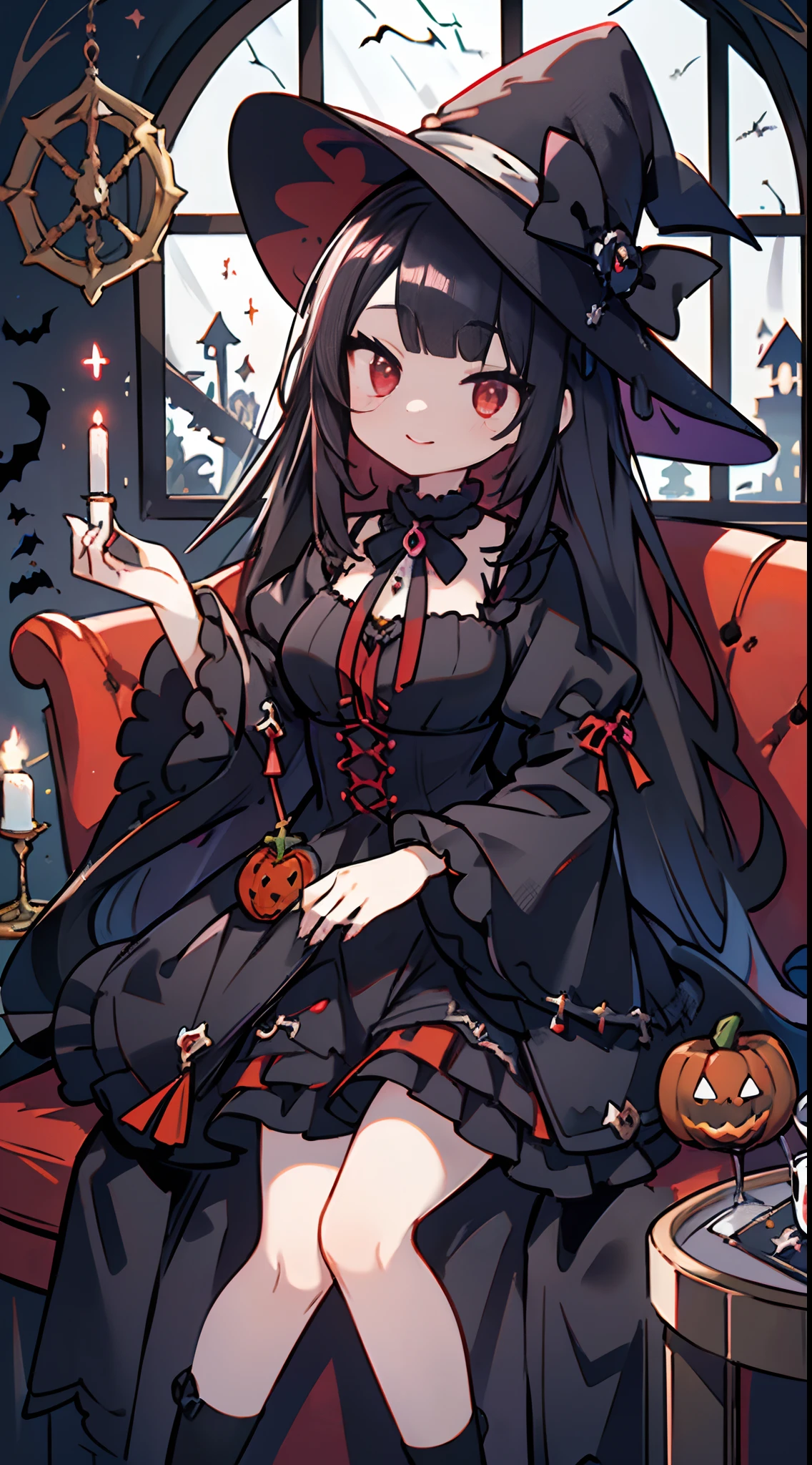 Best Quality,masutepiece,1girl in,my,(slender:1.3),medium breasts,(Black hair:1.3),Very long hair,(oblique bangs:1.3),(Detailed red eyes:1.1),Smile,(POV:1.3),Bow,thighs thighs thighs thighs,(Halloween:1.2),gothic dress,Witch Hat, Horizontal view, (sitting on the gothic sofa:1.3), (Black sofa:1.2), Front Angle, (black and white window:1.3), (black interior:1.2)