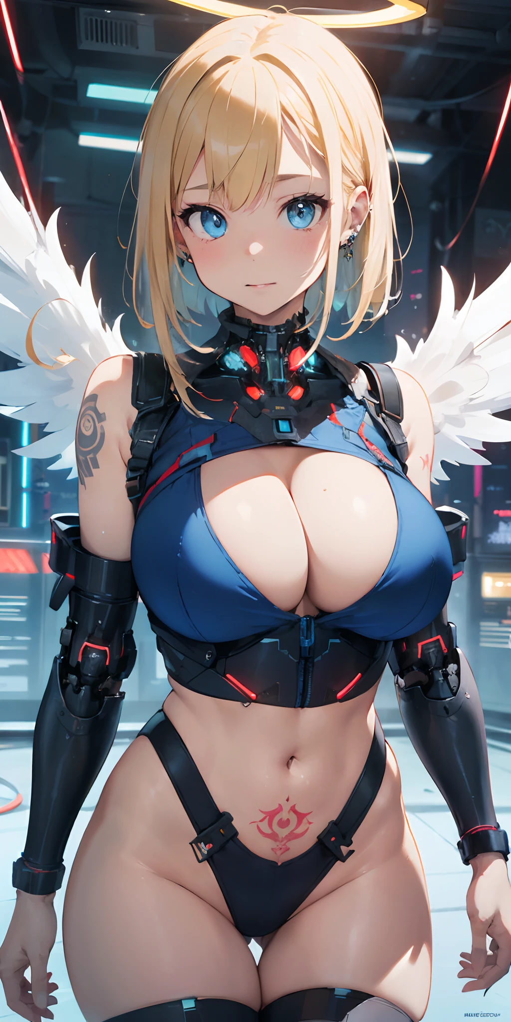 The most beautiful and sexy futuristic cyberpunk girl, blonde hair, blue eyes, wearing highly detailed futuristic battle armor, cybernetic angel wings, glowing neon halo, huge gigantic tits, cleavage showing, tons of tattoos and piercings, futuristic graffiti style background, highly detailed background, perfect masterpiece, high quality, high resolution