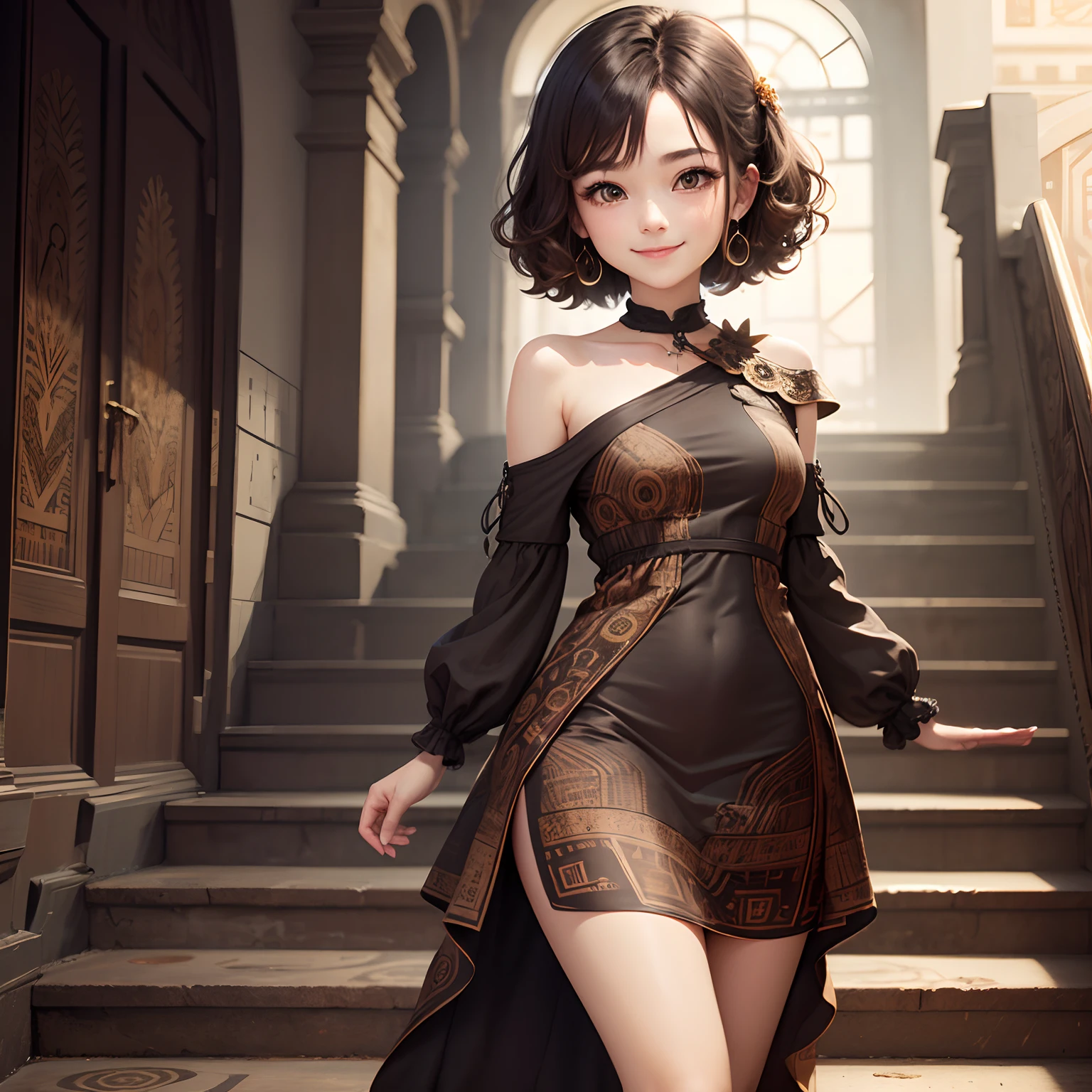 ​masterpiece、top-quality、ultra-detailliert、1 Chibi character、Sauvage Hair、A smile、(brown　jasper　patterns　AB　Shoulder Dress:1.4)，Standing、stairway