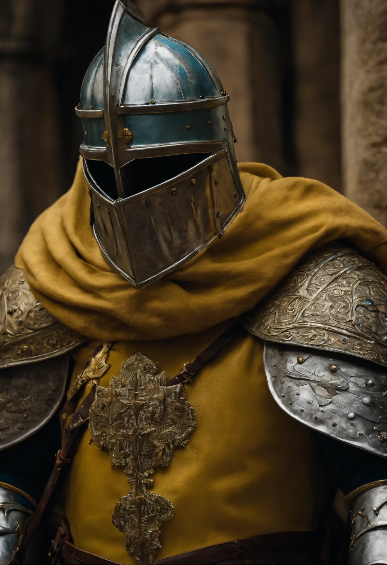 templar knight, hiper realista, armadura adornada em ouro, espada linda e reluzente, escudo em punho, medieval setting, vestes verde amarela e azul.
