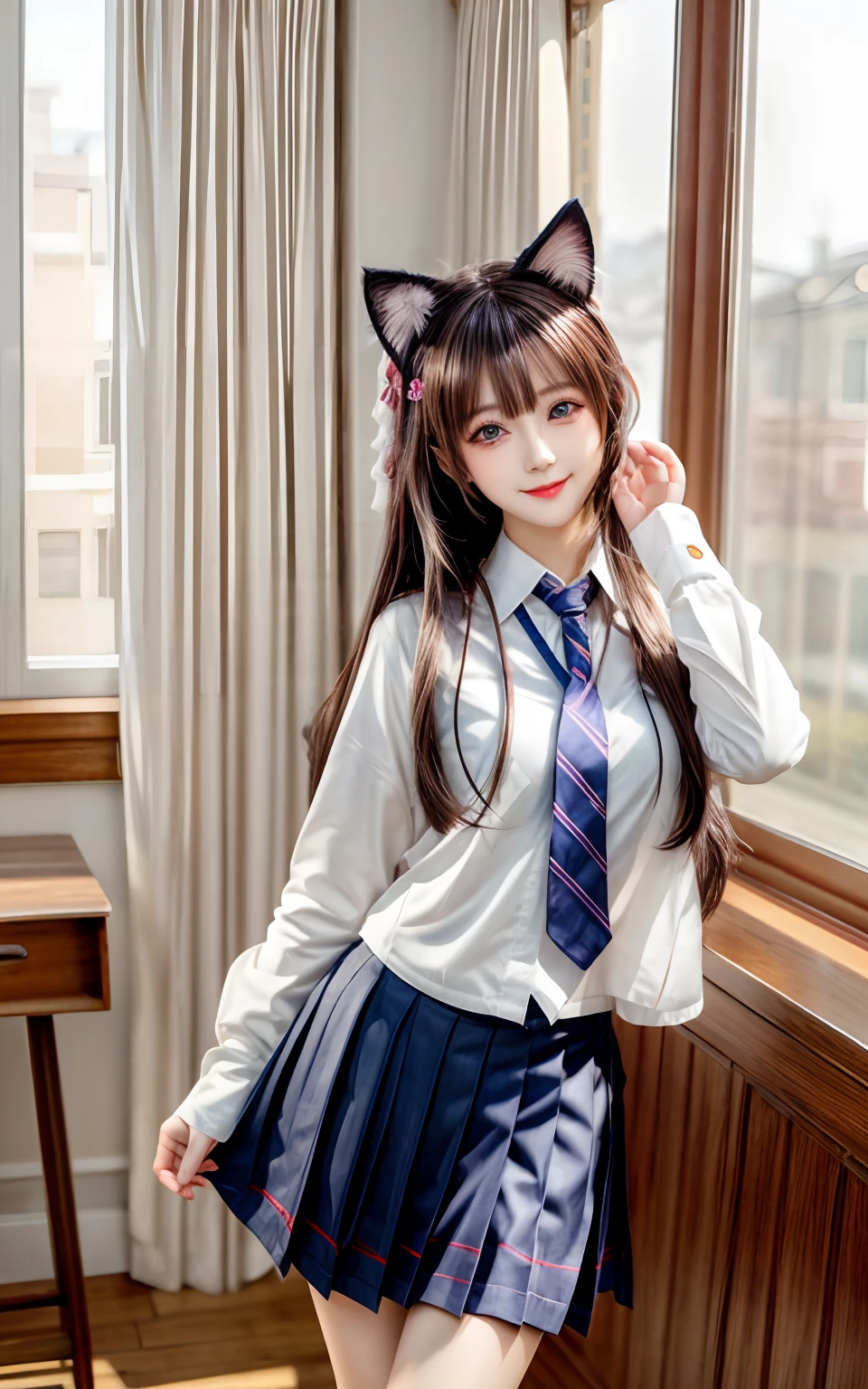 (masterpiece, best quality), 1 beautiful girl, cat ears, smile, slim body, (school uniform:1.1), (detailed beautiful eyes), paw gloves, bedroom, indoors,