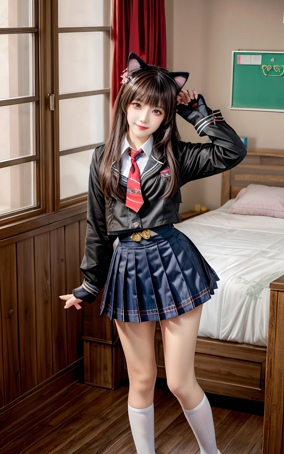 (whole body:1.5)，((girl):1.4),(View Viewer:1.4)，(Anatomically correct:1.3),(martial art pose:1.2),((rich and colorful), (Red sailor suit and plaid high waist pleated skirt )):1.2),(((Pantyhose)):1.32),( girl pointed thick heels :1.1)，((Metal leg irons, handcuffs, and bell collar):1.3),(Accurate and perfect face shape:1.3),Ultra HD, Ray Tracing, reflected light， Quite accurate, Awards, High Detail, Lighten shadow contrast, Facial lighting ，Movie Lighting, masterpiece, Super Detail, high quality, High Detail, best quality, 16K，High contrast,