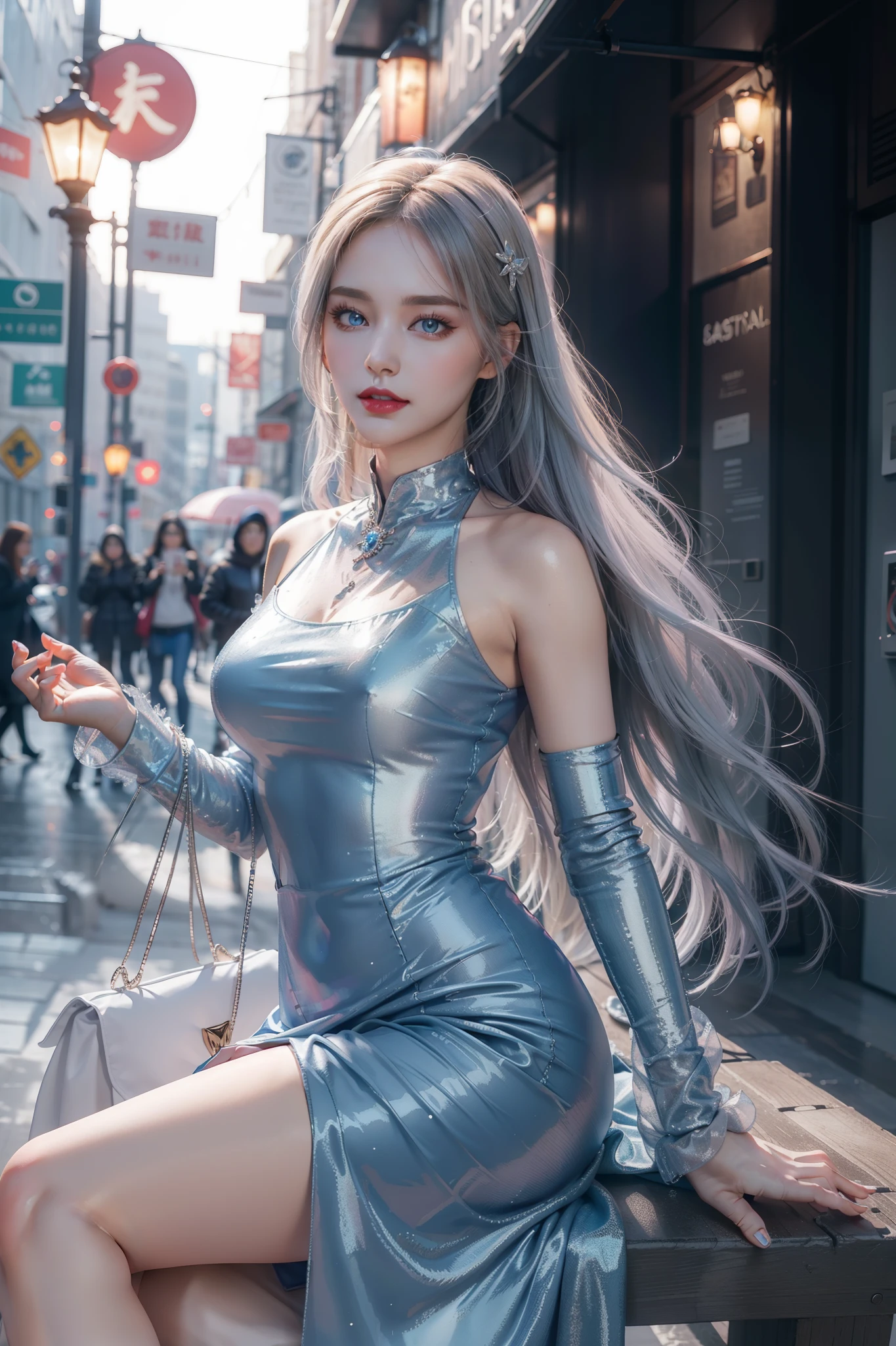 Top quality work,Photorealistic works,Ultra Premium Graphics,8K HD CG works,High-quality graphics,High-definition fine CG works,10x pixel,Ultra-fine details:1.1,Advanced technical details:1.1Photographically realistic,Indoor lighting effects:1.5,Natural light:1.5. light effect(Virtual Light Effects:1.8),超A high resolution,Shiny Blue Dress,Long silver hair,Silver hair,Transparent hair,High Detail Hair(Premium Hair Detail:1.1)Clear eyes,Good looking double eyelids,Sharp eye makeup, Delicate makeup for eyelashes, Thin eyebrows, ultradetailed eyes,High Nose, lovely red lips, Rose cheeks, Face with delicate makeup , Pretty Face, A perfectly proportioned face,(Advanced facial details:1.1)Collection of shiny blue luxury dresses,Blue Sequin Dresses,Sequin coat,shiny,Tight long skirt,Summer Sexy Hip Wrap Fishtail Sleeveless Commuter Maxi,Horse Stockings 100%Oil Gloss Panst Gloss Silk Luster 8D Black Silk Woman,stiletto heels,mitts,Beautiful long dresses,wonderful dress,Bright Red Series,Haute Couture Dresses Collection,Dress Photography,Authentic dress works,In the banquet hall,Women's Artwork,full-body view,Goddess of Dress,真实感,amazing,Today's eyes are bright,large full breasts