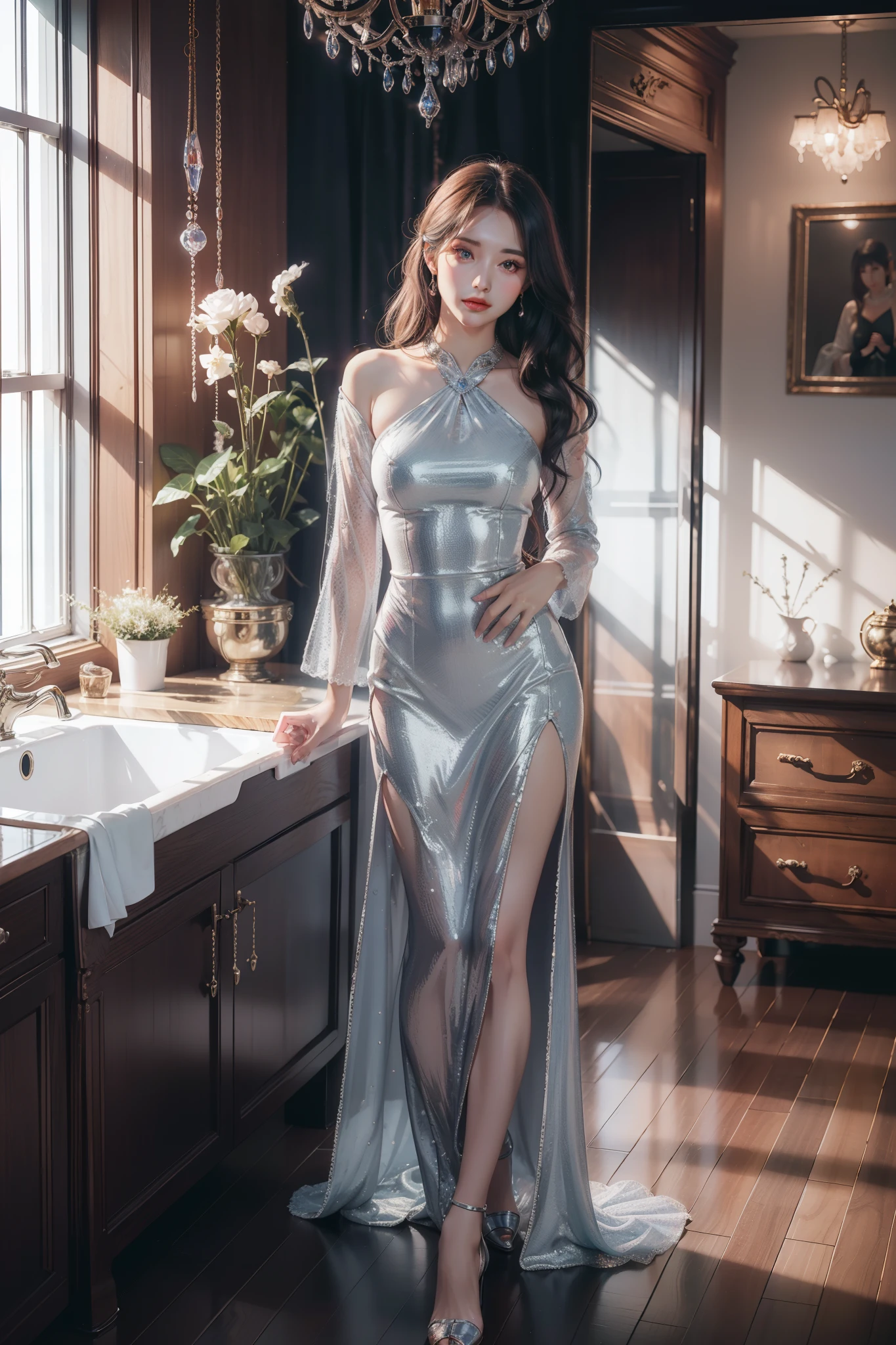 Top quality work,Photorealistic works,Ultra Premium Graphics,8K HD CG works,High-quality graphics,High-definition fine CG works,10x pixel,Ultra-fine details:1.1,Advanced technical details:1.1Photographically realistic,Indoor lighting effects:1.5,Natural light:1.5. light effect(Virtual Light Effects:1.8),超A high resolution,Shiny Blue Dress,Long silver hair,Silver hair,Transparent hair,High Detail Hair(Premium Hair Detail:1.1)Clear eyes,Good looking double eyelids,Sharp eye makeup, Delicate makeup for eyelashes, Thin eyebrows, ultradetailed eyes,High Nose, lovely red lips, Rose cheeks, Face with delicate makeup , Pretty Face, A perfectly proportioned face,(Advanced facial details:1.1)Collection of shiny blue luxury dresses,Blue Sequin Dresses,Sequin coat,shiny,Tight long skirt,Summer Sexy Hip Wrap Fishtail Sleeveless Commuter Maxi,Horse Stockings 100%Oil Gloss Panst Gloss Silk Luster 8D Black Silk Woman,stiletto heels,mitts,Beautiful long dresses,wonderful dress,Bright Red Series,Haute Couture Dresses Collection,Dress Photography,Authentic dress works,In the banquet hall,Women's Artwork,full-body view,Goddess of Dress,真实感,amazing,Today's eyes are bright,large full breasts