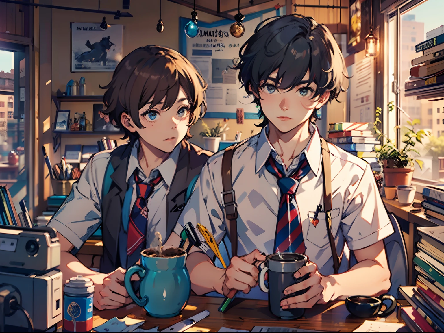 2boys, only、(Man's :2),(bobhair:1.5)、A dark-haired、Brown hair、Drinking coffee、chum、Brightly colored ties、Cluttered office、Twilight,Natural lighting、hightquality、masutepiece,8K,hight resolution、