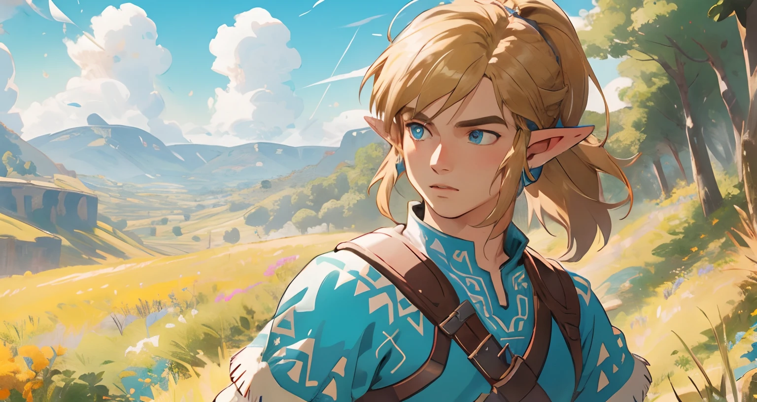 (Award Winning Digital Artwork:1.3) of (Ultra detailed:1.3) solo male, 1 guy, (bright blue eyes), (short blond hair, small ponytail with bangs and side locks 1.3), beautiful forest, handsome, straps, gorgeous,CGSociety,ArtStation, forest, fantasy, breath of the wild, botw, extremely detailed face, detailed face, beautiful detailed eyes, clear eyes. Hyrule kingdom, rolling hills, amazing background, beautiful fields, (wildlife) wide open fields, dancing grass, blue skies, lovely skies, big clouds, masterpiece, perfections, wallpaper, 8k, link, tloz, ((handsome elf man)) adventurer, on an adventure