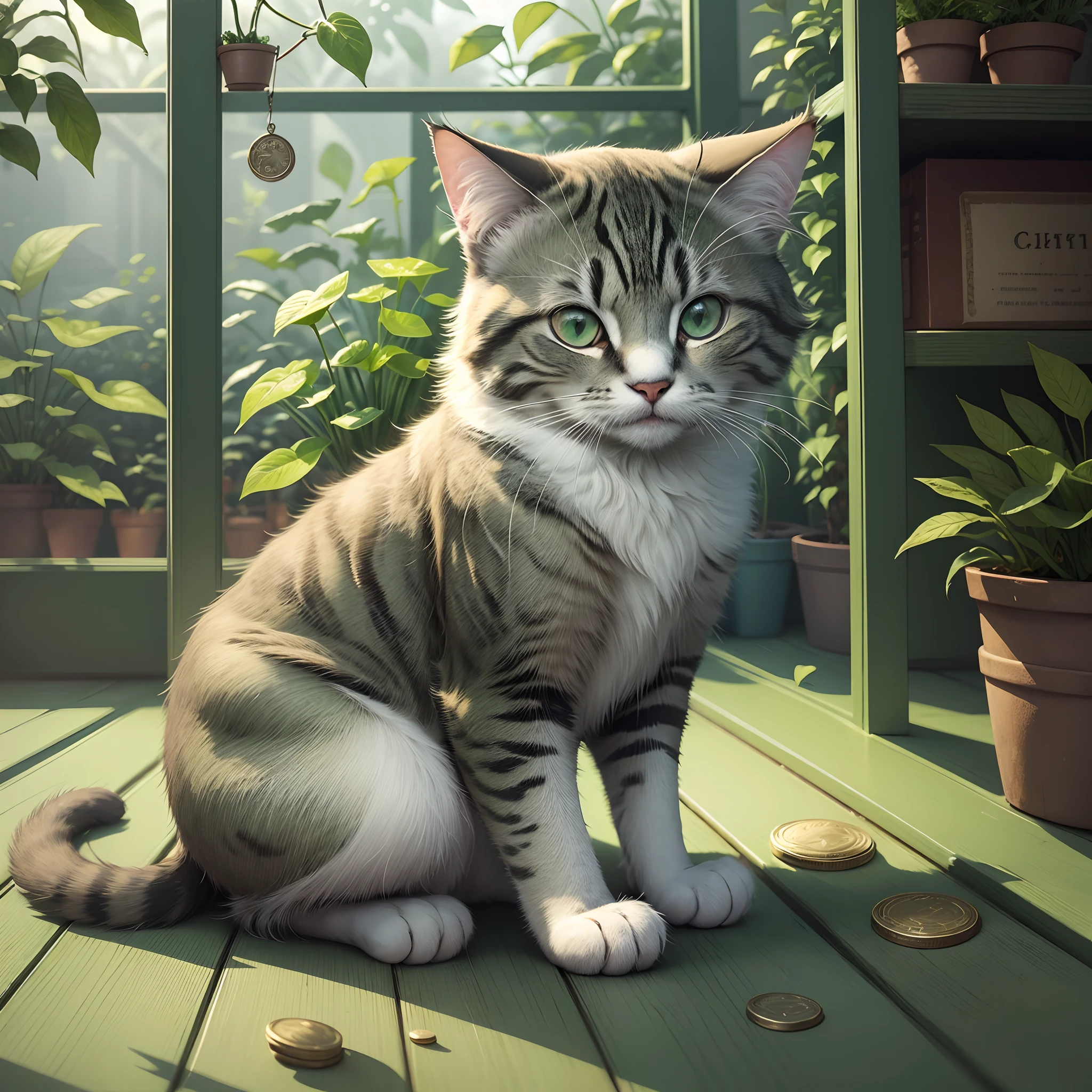 cat sitting in a green house, file floor, there are coins on the floor with pentacles embossed on them.  There are lots of plants.  Misty atmosphere.  Detail in fur. Fantasy --auto --s2