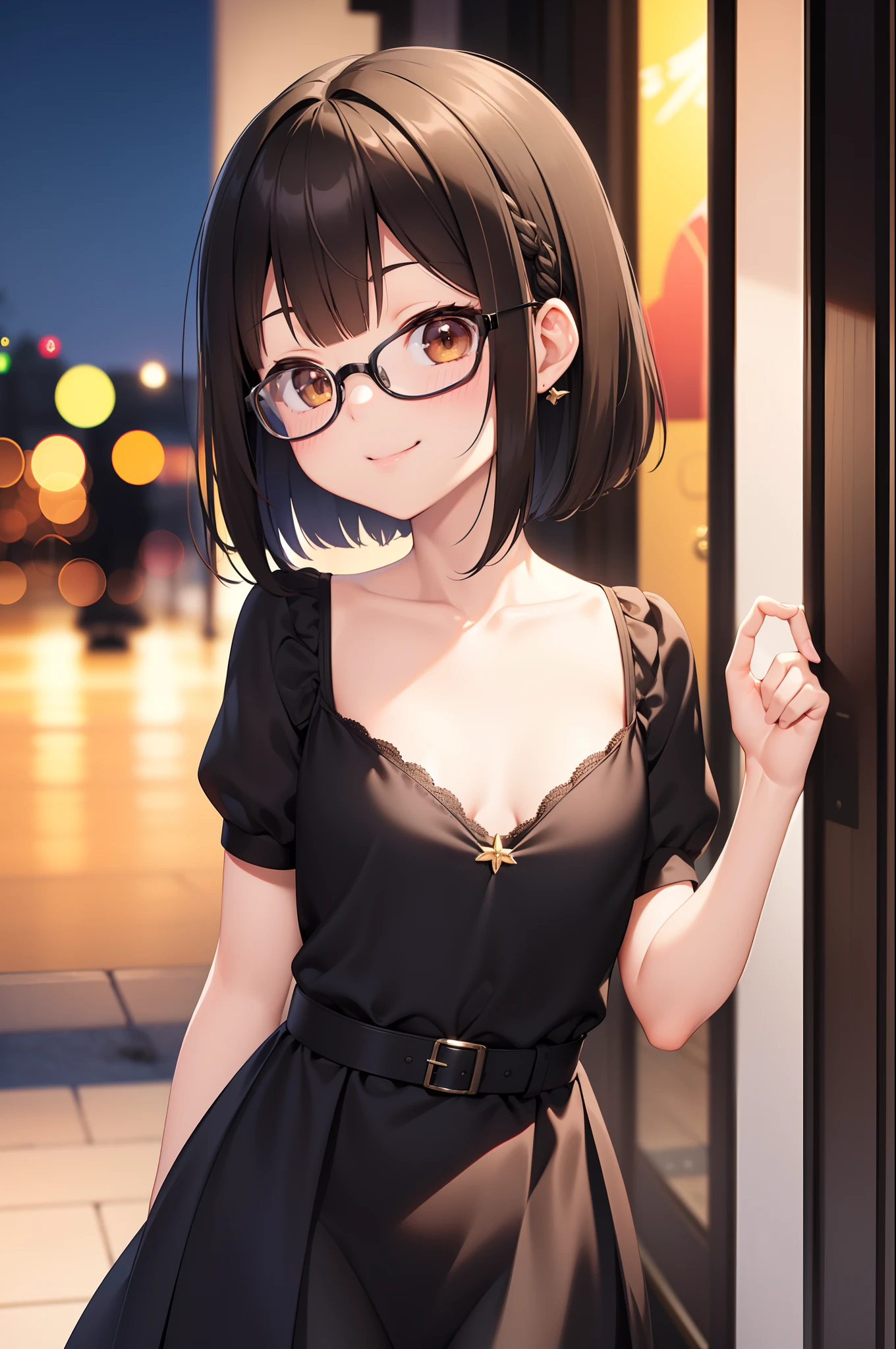 (masutepiece, Best Quality, Capture super cute moments, depth of fields, ultra-detailliert, Ultra High Resolution, C4D, Octadale, 3D Modeling, 8K, 16 K, one girls、a 、A dark-haired、short-hair、straight haired、Light brown eyes,hair adornments、wearing black glasses、A smile)、Slender body、small tits、Hostess Dresses、night dress