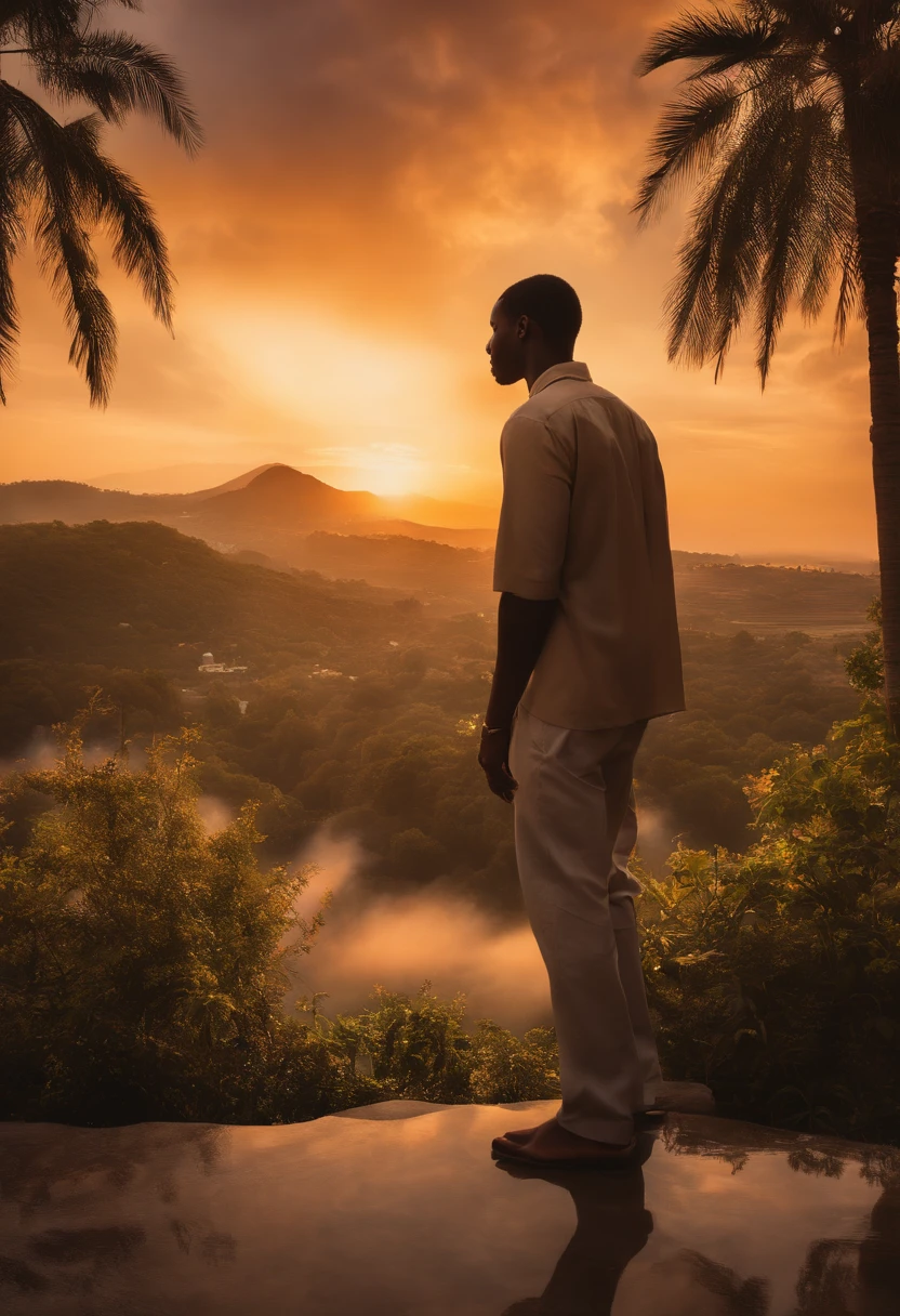 Describe a picture of Paradise: A 20-year-old black man enters after psychological dilemmas, His eyes glimpse a paradisiacal city where friends and family await him warmly. Ao fundo, o Senhor Jesus emana uma luminosidade transcendental, as angels soar in the serene skies above and the surrounding landscape glows with colors never before imagined.
