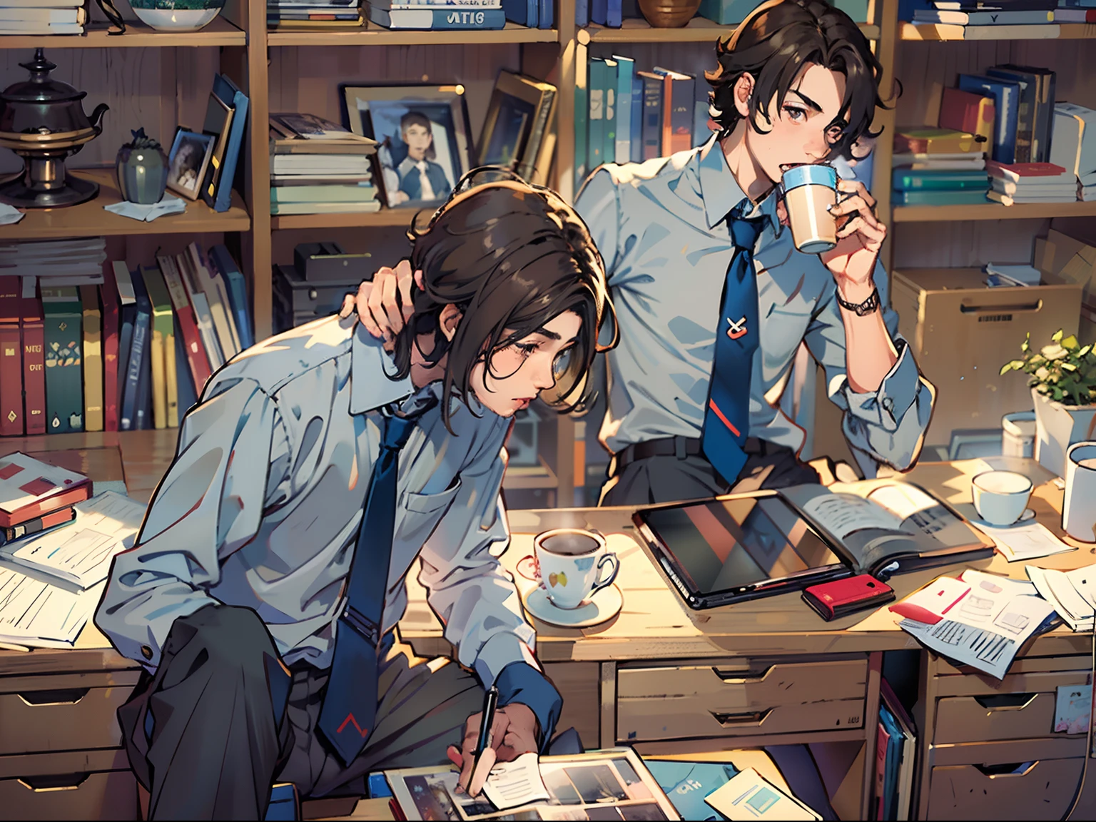 2boys,11 only、(Man's :2),(bobhair:1.5)、A dark-haired、Brown hair、Drinking coffee、chum、Brightly colored ties、Cluttered office、Twilight,Natural lighting、hightquality、masutepiece,8K,hight resolution、