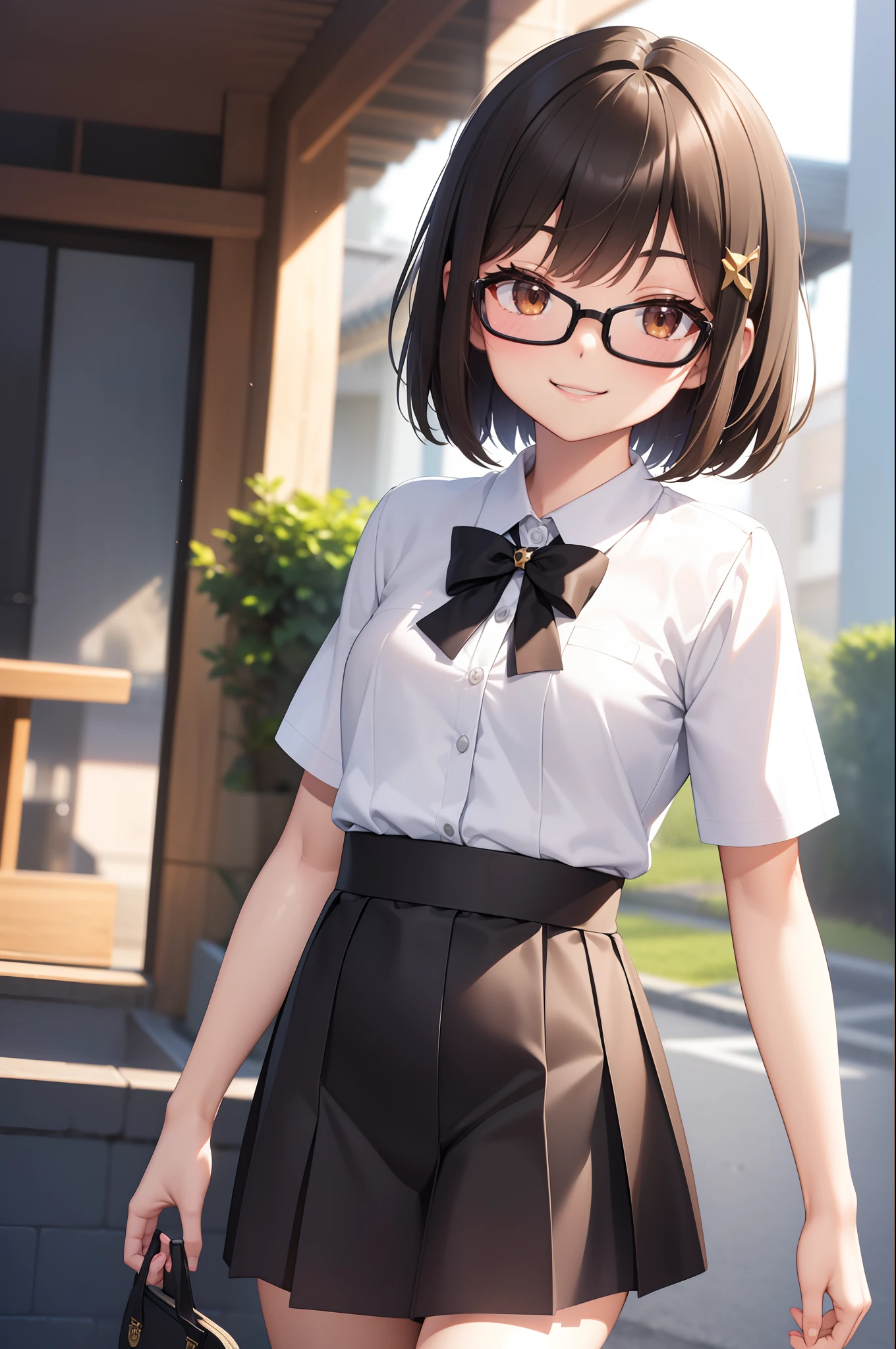 (masutepiece, Best Quality, Capture super cute moments, depth of fields, ultra-detailliert, Ultra High Resolution, C4D, Octadale, 3D Modeling, 8K, 16 K, one girls、a 、A dark-haired、short-hair、straight haired、Light brown eyes,hair adornments、wearing black glasses、A smile)、Slender body、small tits、student clothes