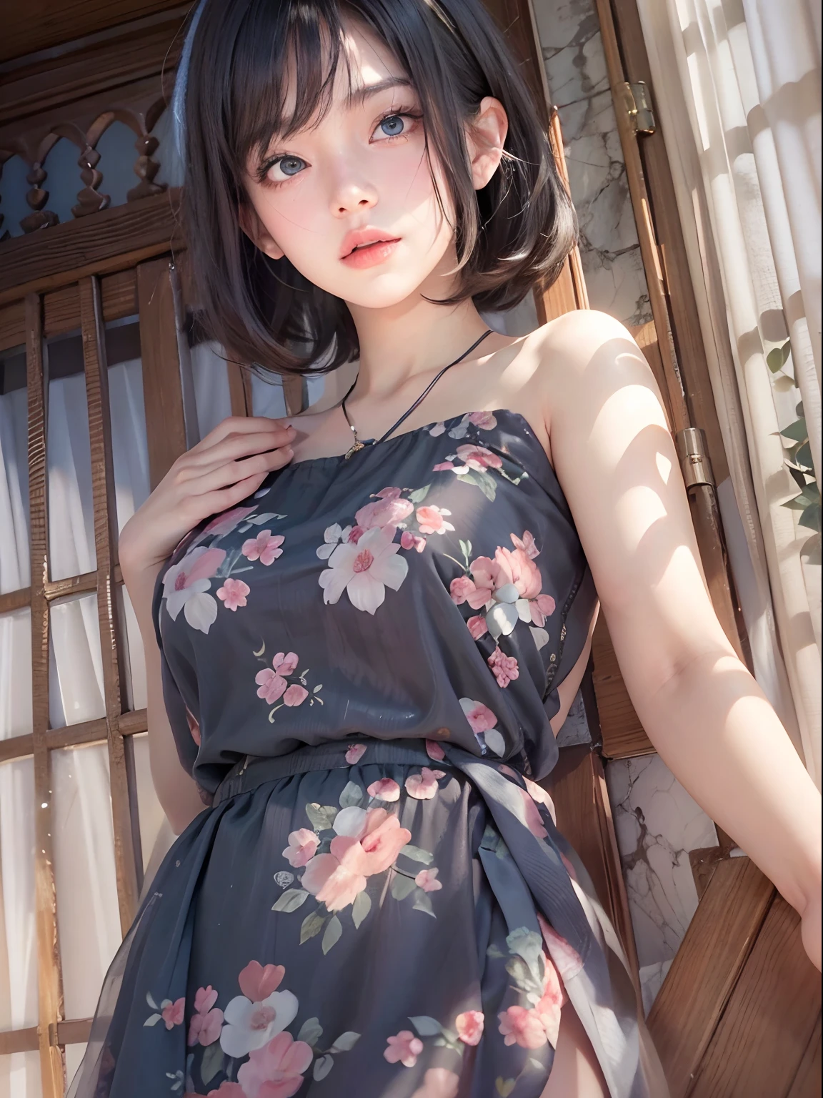 nsfw, 1girl, nude, full body, (masterpiece: 1.4), (8K, realistic, raw photo, best quality: 1.4), skirtlift, naked school girl, nipple areola shape clear, beautiful medium breasts, Japanese girl, beautiful cute face, (real face: 1.4), perfect pussy, beautiful hairstyle, realistic blue eyes, beautiful detail eyes, (real skin: 1.3), beautiful skin, attractive, ultra high resolution, ultra realistic, cinematic lighting, black colored hair, short hair, balcony, after sex, lying on bed
