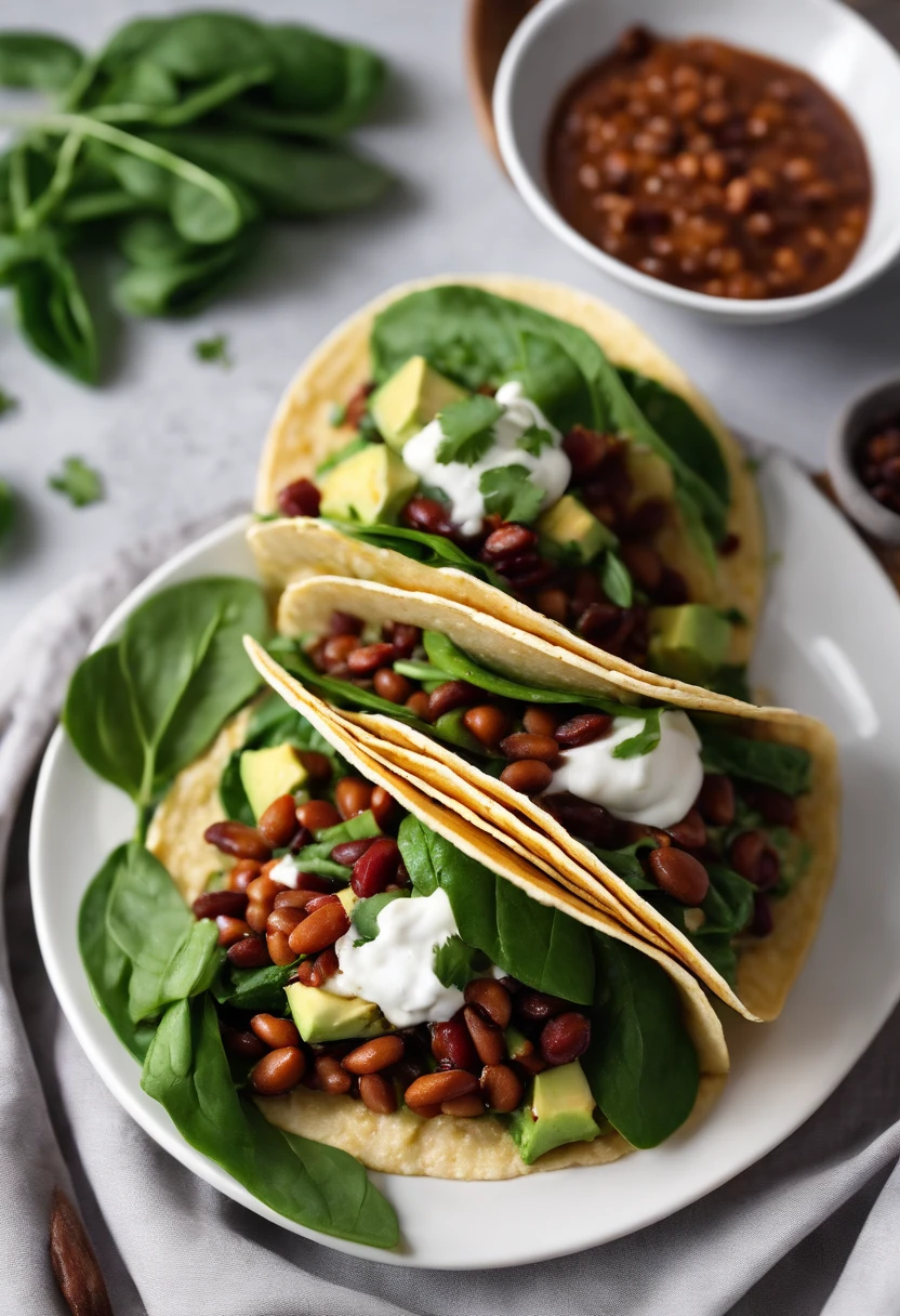 2 tacos with beans accompanied by spinach and a portion of avocado on a square white plate