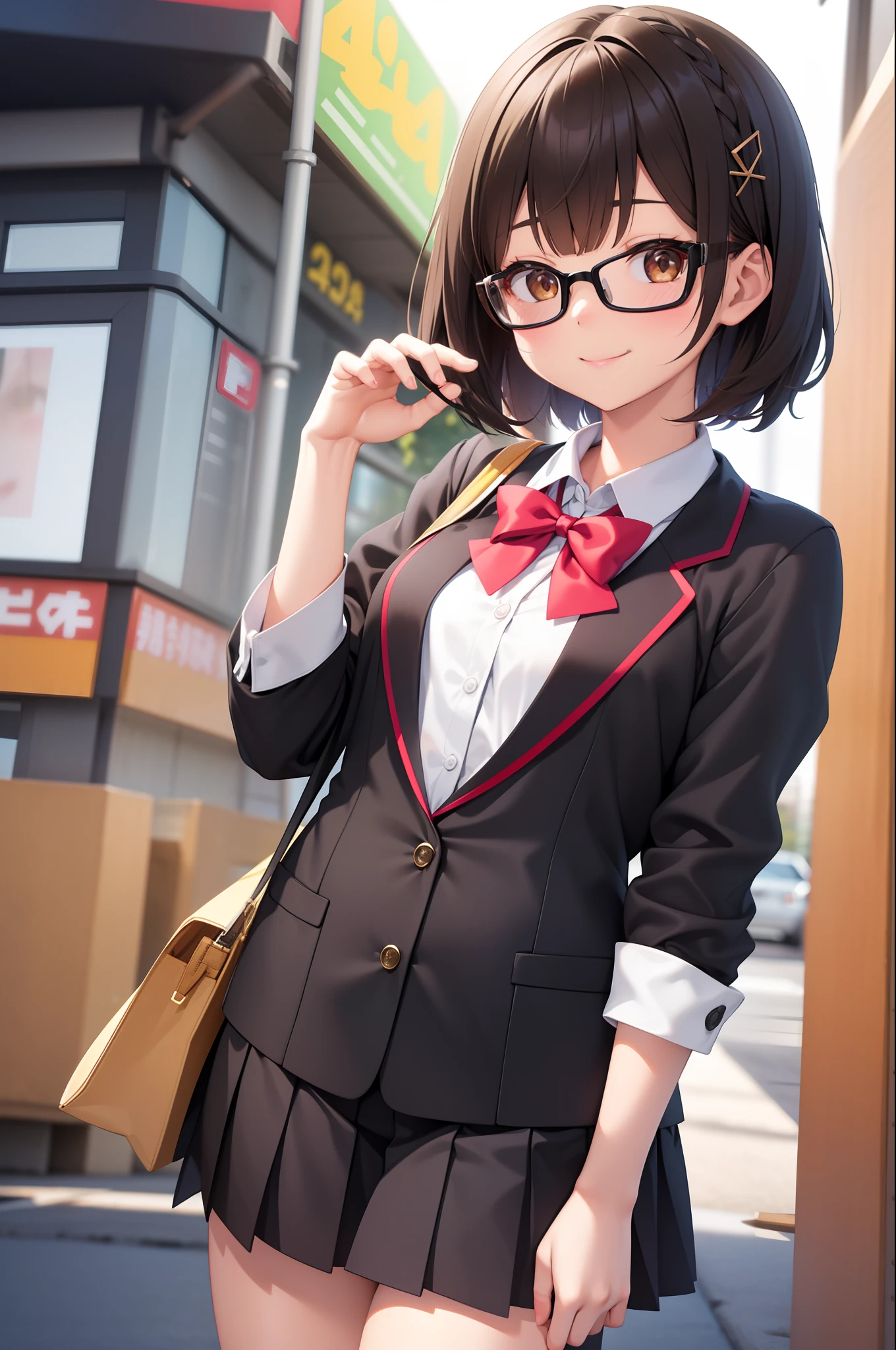 (masutepiece, Best Quality, Capture super cute moments, depth of fields, ultra-detailliert, Ultra High Resolution, C4D, Octadale, 3D Modeling, 8K, 16 K, one girls、a 、A dark-haired、short-hair、straight haired、Light brown eyes,hair adornments、wearing black glasses、A smile)、Slender body、small tits、Autumn School Uniform