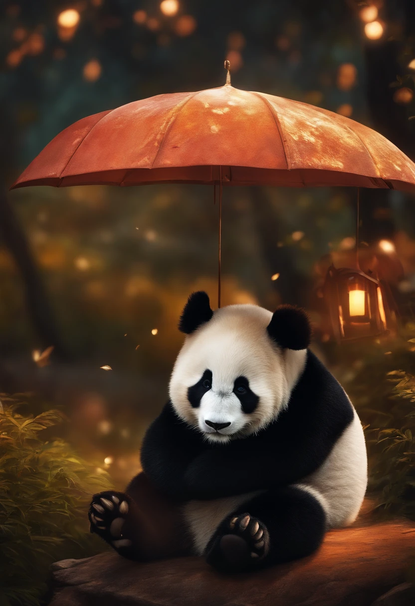 Um panda bonito, Use um moletom，With a hat on, fantasia, Emphasis Lighting, Cor Espectral, Anime peito grande, com fones de ouvido nos ouvidos.