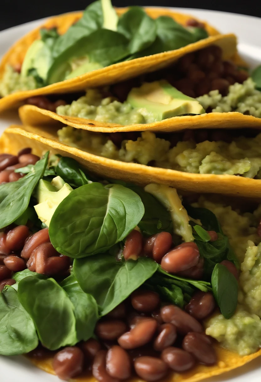 2 tacos con frijoles molidos, accompanied by spinach and a portion of avocado on a square white plate