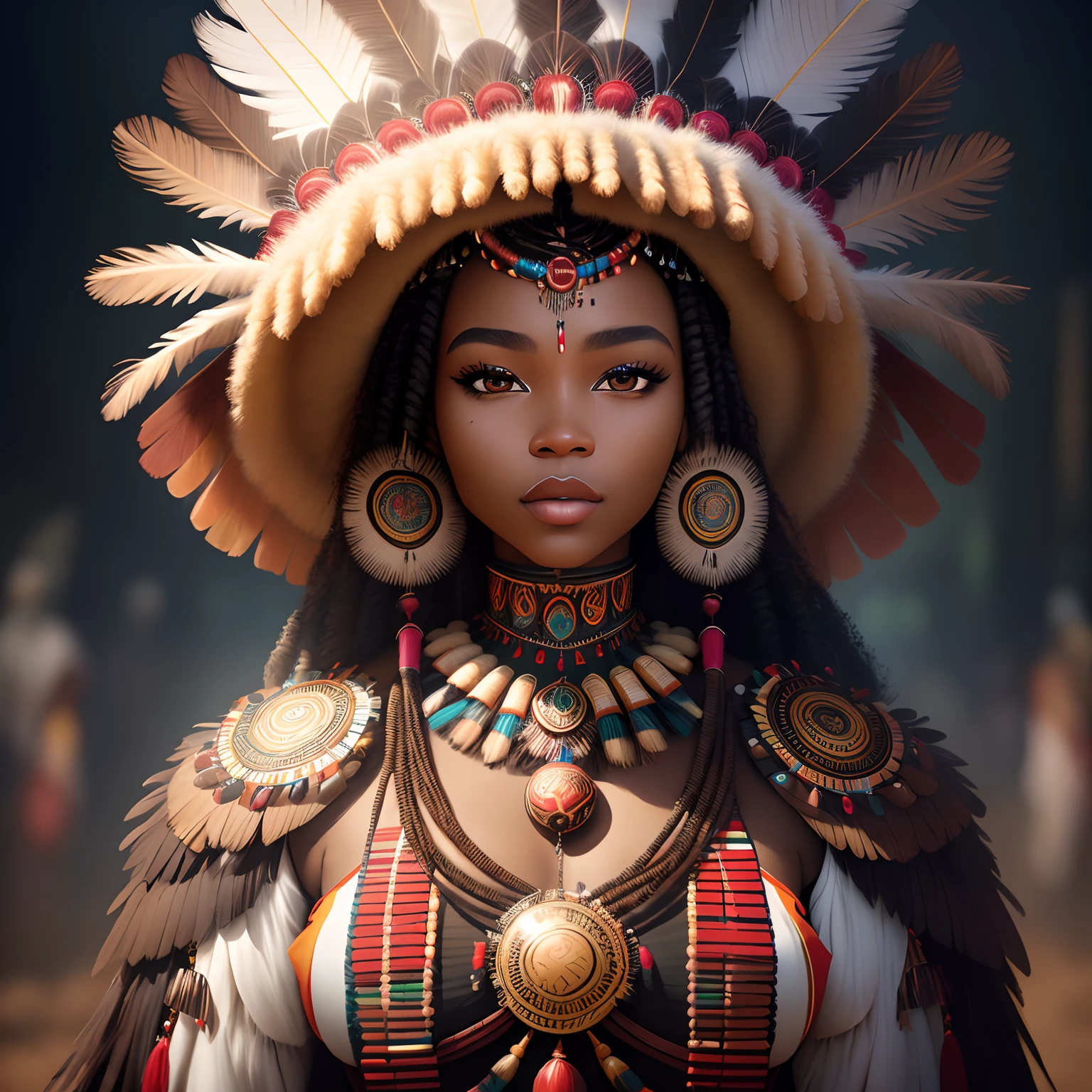 a woman wearing a headdress made of feathers and beads, a photorealistic painting by Bruce Onobrakpeya, behance contest winner, afrofuturism, behance hd, rich color palette, daz3d