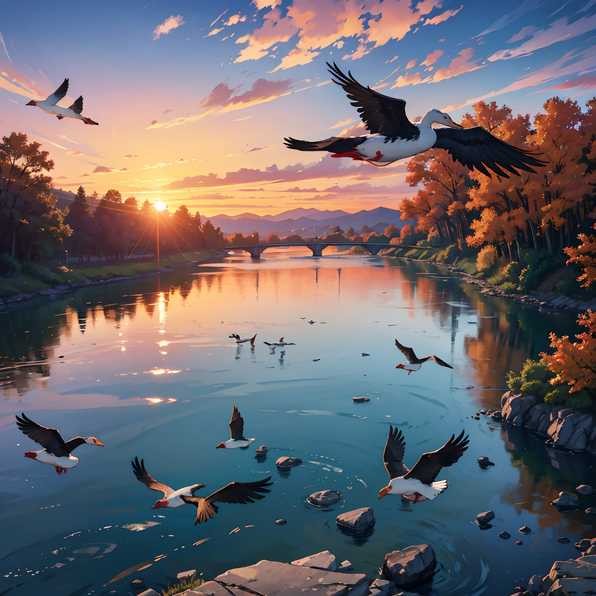 sunset,flying geese,loneliness,river water,autumn,sky,connected,icons