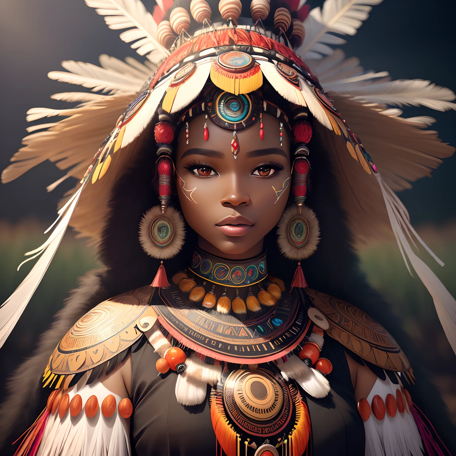 a woman wearing a headdress made of feathers and beads, a photorealistic painting by Bruce Onobrakpeya, behance contest winner, afrofuturism, behance hd, rich color palette, daz3d