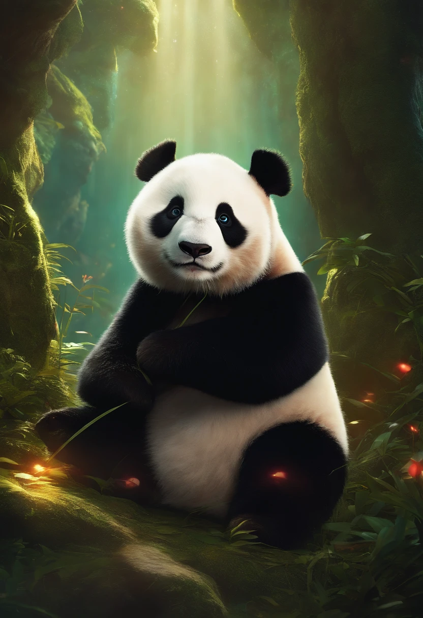 Um panda bonito, vestindo um moleto, fantasia, Emphasis Lighting, Cor Espectral, Anime peito grande, com fones de ouvido nos ouvidos.