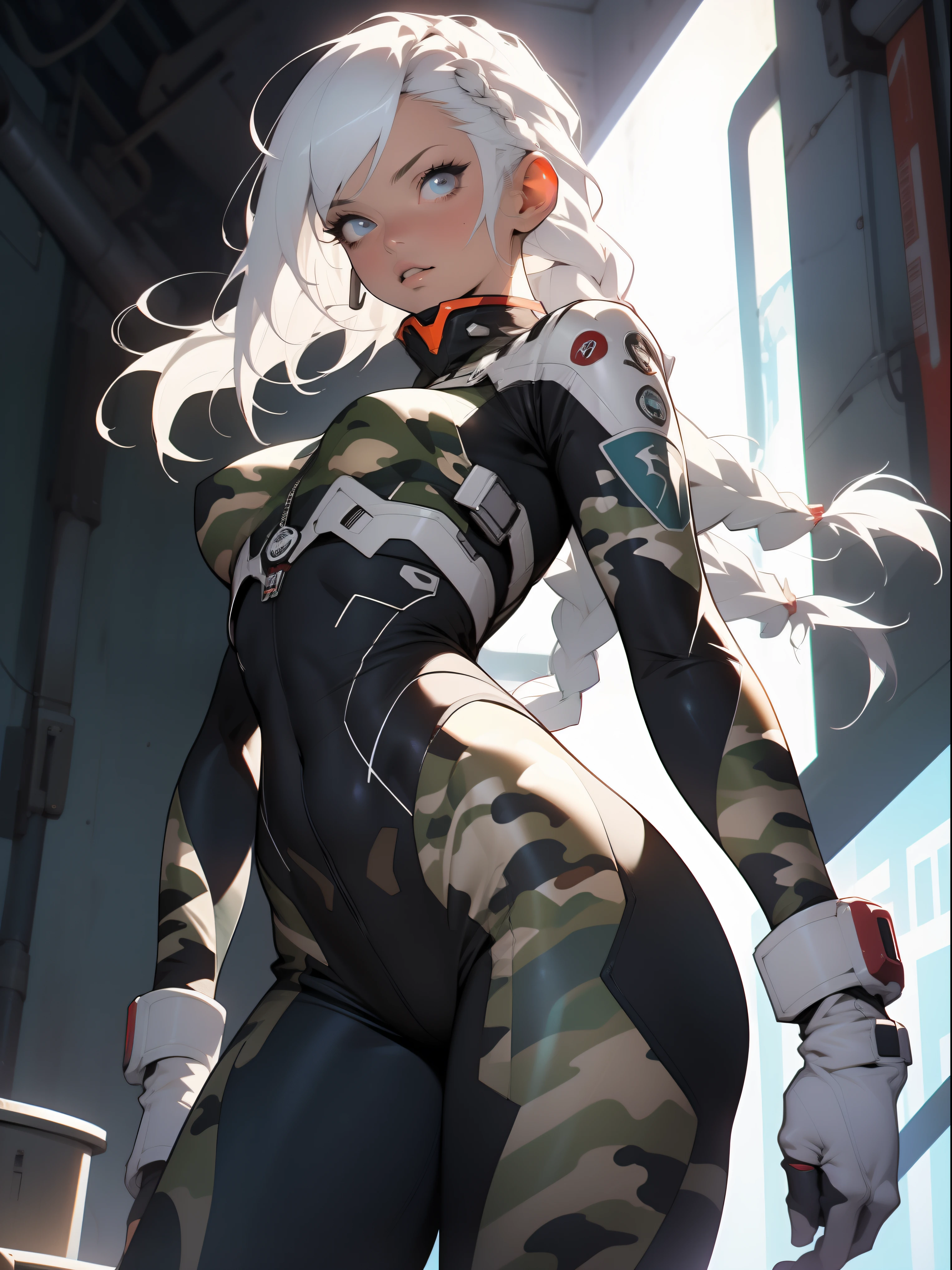 ((Best quality)), ((masterpiece)), (detailed: 1.4), (Absurd), War-ready female fighter pilot with military helmet, Marine, dark skin, defined muscular sculptural body, full body, bare half-thick thighs, closed mouth, muscular body covered in technological clothing, cyberpunk, semi naked, generous neckline, ((perfect medium breasts)), (super light blue eyes without pupils), (((military camouflage clothing)),  (((white hair with braid)))), long eyelashes heavy makeup, garter belt, by mucha, niji --V5, close to real, psychopathic, crazy face, sexy pose, background with a giant head of Neon style robot Genesis evangelion, 2 piece clothing, shoulder pads with airplane wings, pastel, centered, scale to fit the dimensions, HDR (High Dynamic Range),Ray Tracing, NVIDIA RTX,Super-Resolution,Unreal 5,Subsurface Dispersion, PBR Texture, Post-processing, Anisotropic filtering, Depth of field, Maximum clarity and sharpness, Multilayer textures, Albedo and specular maps, Surface shading, Accurate simulation of light-material interaction, Perfect proportions, Octane Render, Two-tone lighting, Wide aperture, Low ISO, White balance, Rule of thirds, 8K RAW, crysisnanosuit