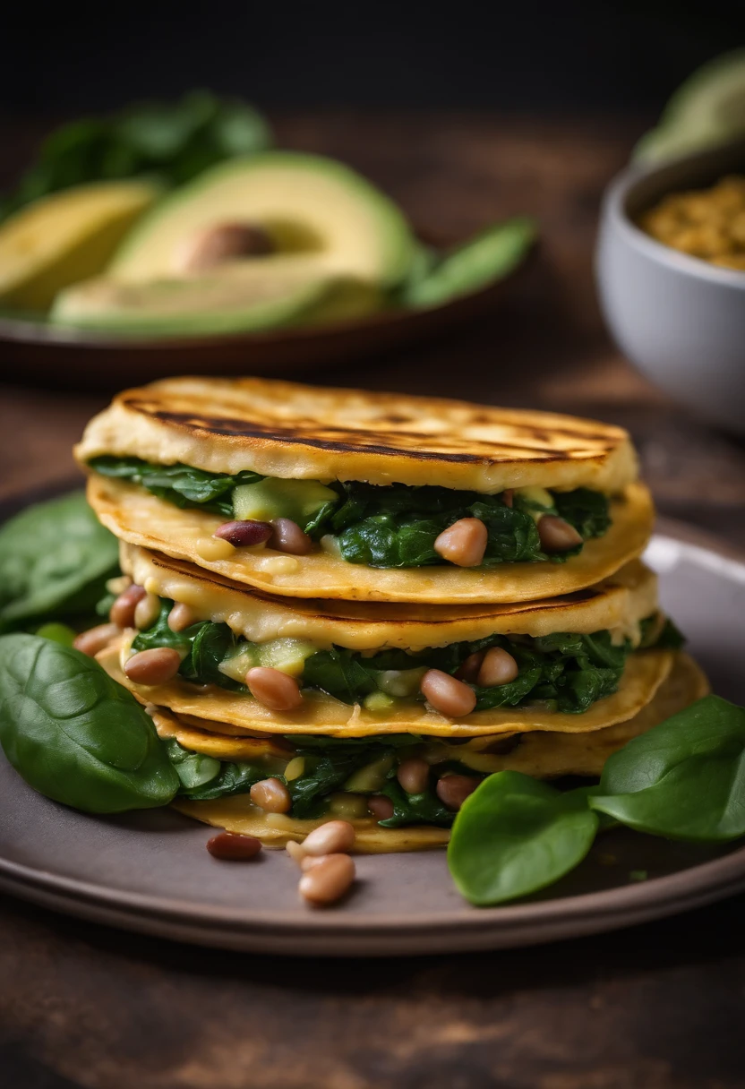 2 tacos de tortilla de maiz con frijoles molidos adentro, accompanied by a serving of spinach and avocado served on a square plate