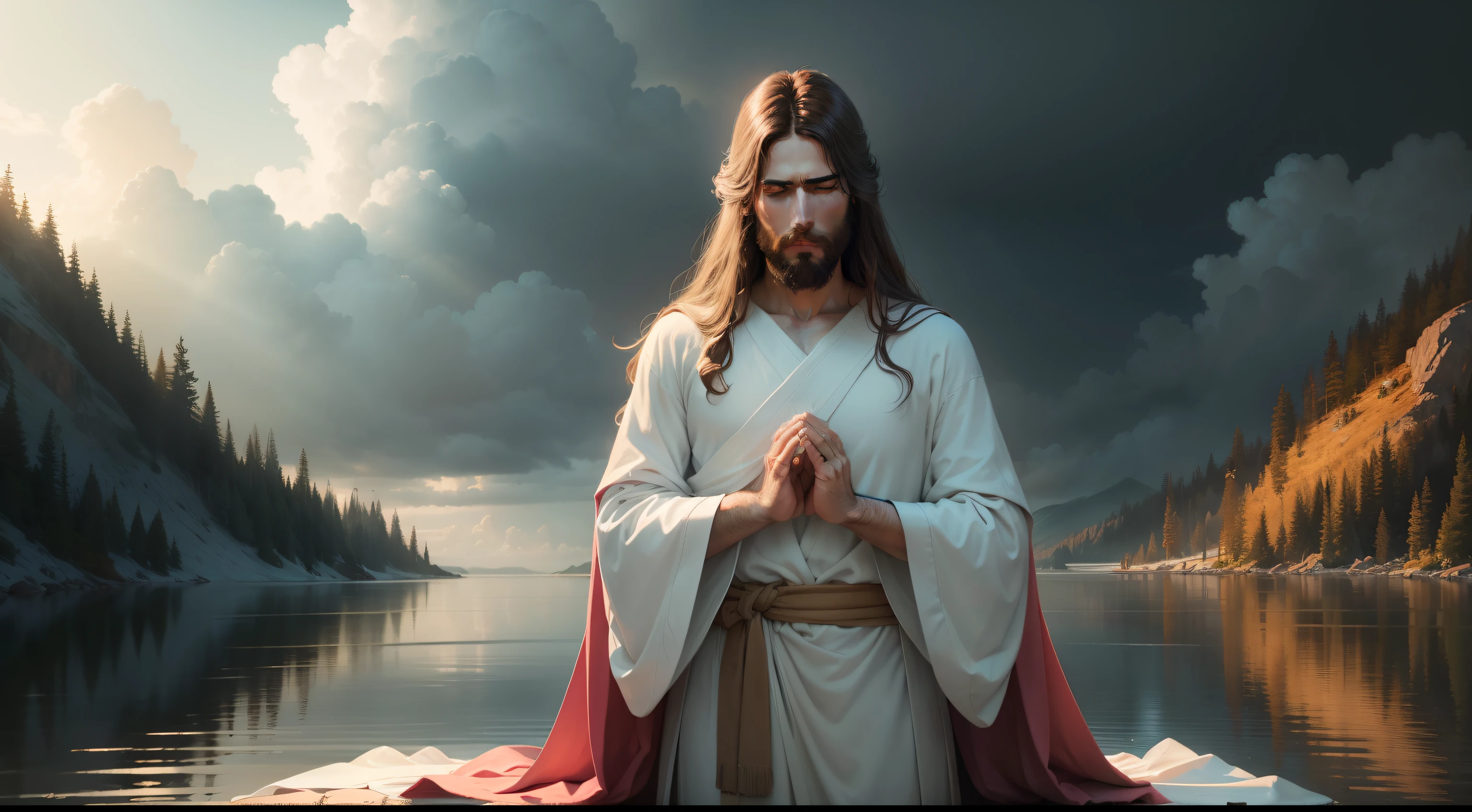 create a high-resolution representation of Jesus Christ. The image should depict Jesus in a serene and divine environment. He should be surrounded by a soft aura of golden light radiating from His body. His expression should be one of compassion and love, conveying the message of hope and redemption.
Jesus should be dressed in a robe of earthy tones, with white details symbolizing purity. His hands should be extended in a welcoming gesture, with rays of light emanating from His palms. He may be standing on a gentle hill or by the edge of a tranquil lake, connecting with the nature around Him.
The background setting should be soft and ethereal, with gentle shades of blue and pink painting the sky. The clouds should appear soft and comforting. There's a sense of peace and serenity throughout the image.
Ensure that facial details such as the gentle and compassionate eyes, long brown hair, and neatly trimmed beard are represented with great attention to detail. The light emanating from Him should realistically illuminate the surroundings, highlighting contours and creating a sacred ambiance.
The image should be in portrait format and have a minimum resolution of 3000x4000 pixels to ensure sharpness and quality at larger sizes. The color palette should be harmonious and soft, creating a sense of transcendence and divinity.
Please make sure that the final image conveys the message of Jesus Christ as a symbol of love, compassion, and hope, and that it can inspire a sense of peace and spiritual connection."
Remember that creating art is a highly subjective process and can vary depending on the artist's style and the tools used. Make sure to communicate clearly with the artist or image editing program you choose to create the image.