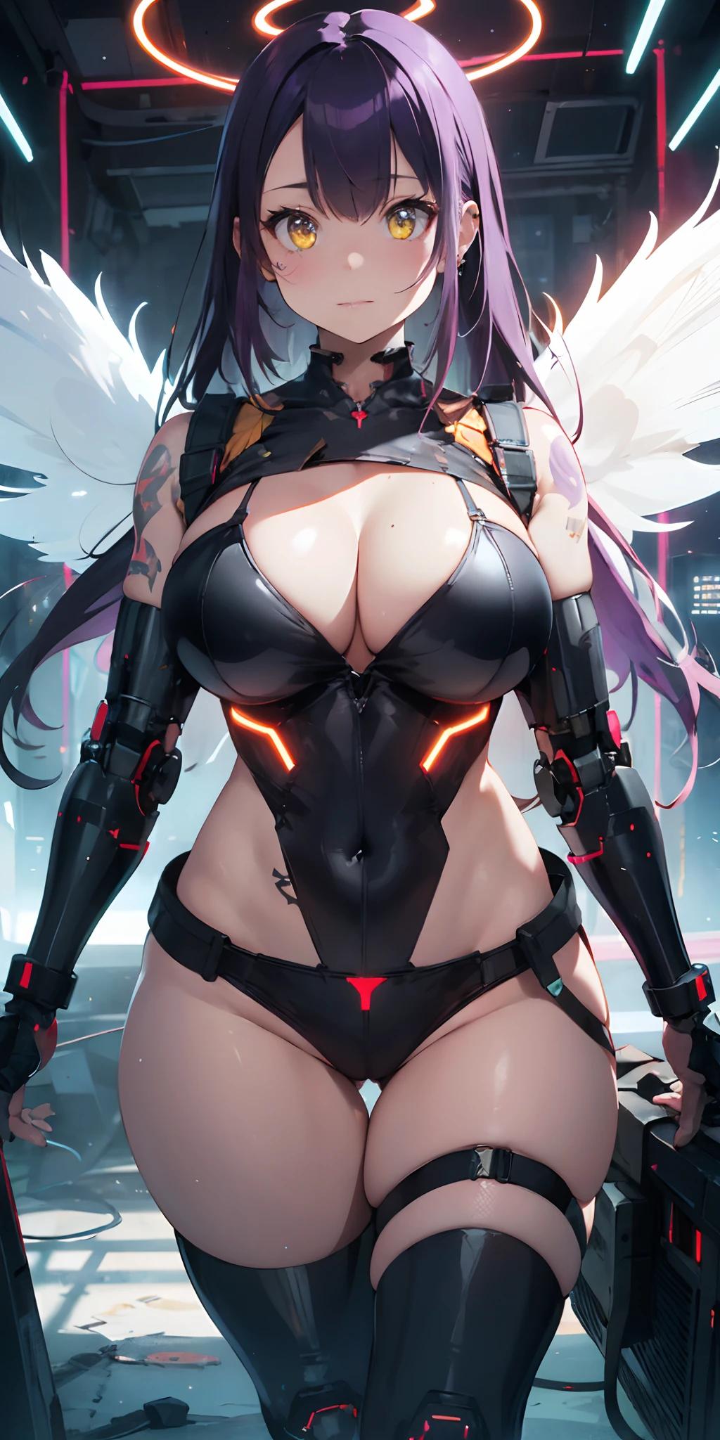 The most beautiful and sexy futuristic cyberpunk girl, purple hair, yellow eyes, wearing highly detailed futuristic battle armor, cybernetic angel wings, glowing neon halo, huge gigantic tits, cleavage showing, tons of tattoos and piercings, futuristic graffiti style background, wide camera view, highly detailed background, perfect masterpiece, high quality, high resolution