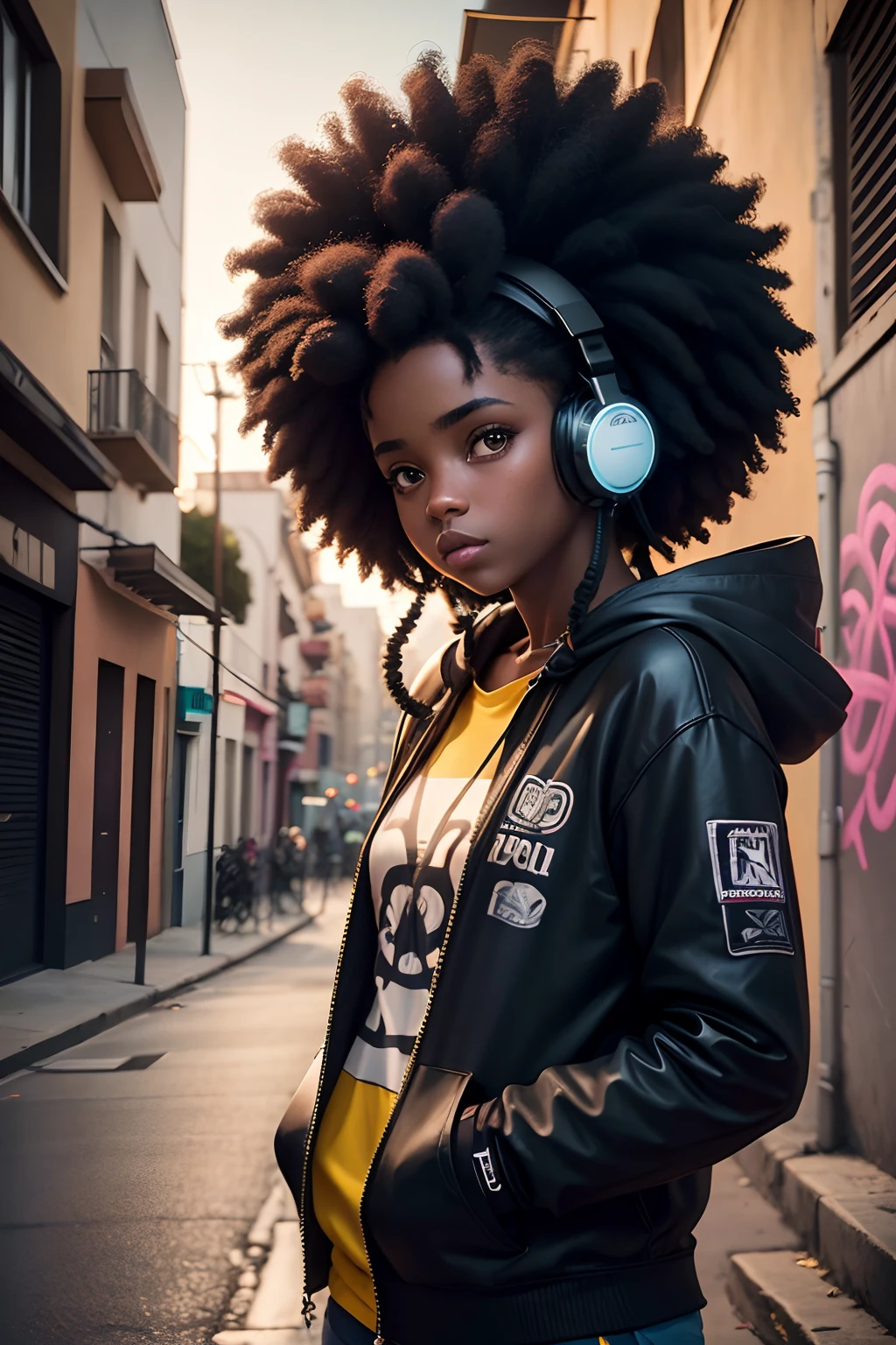 camara canon r6 objetivo 100mm 2.8f retrato chica negra pelo afro realista iluminacion 2 flashs studio en calle oscura iluminada farolas, graffiti skateboard headphones urban