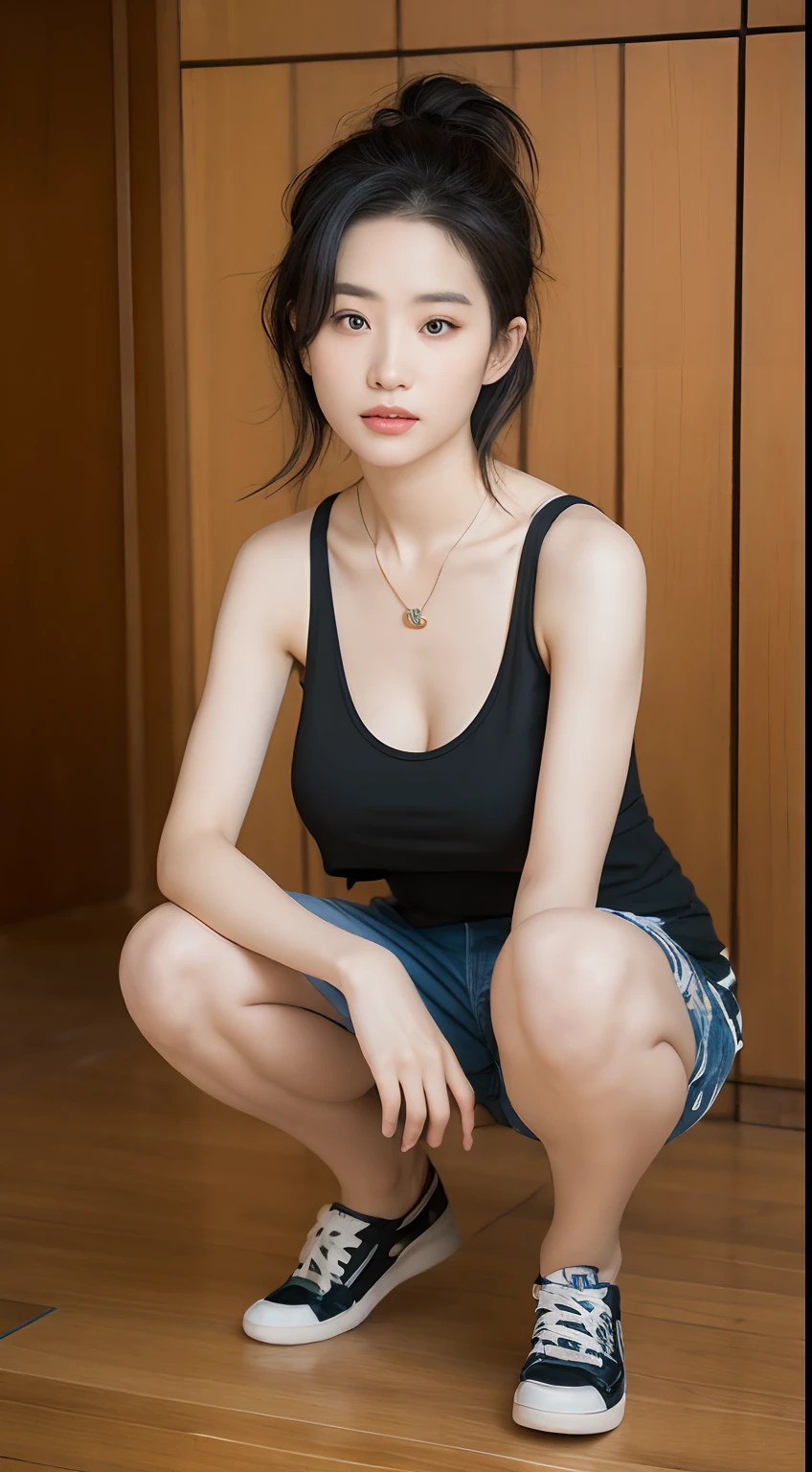 ((Best quality, 8k, Masterpiece :1.3)), Sharp focus :1.2, Chinese aunt aunt with Tattoos((38years old)) Black red hair.Super messy hair. Necklace((Tanktop))shorts torn Torn. Sit squatting. Tomboy women, open your thighs wide. Show me your . In front of the camera. Closer. More clearly. On a wooden chair))_mix4, 20d,Hiper-realistis:1.37),16K HD, perfeck body beauty:1.4. Slender ABS:1.2. Big breasts:1.2