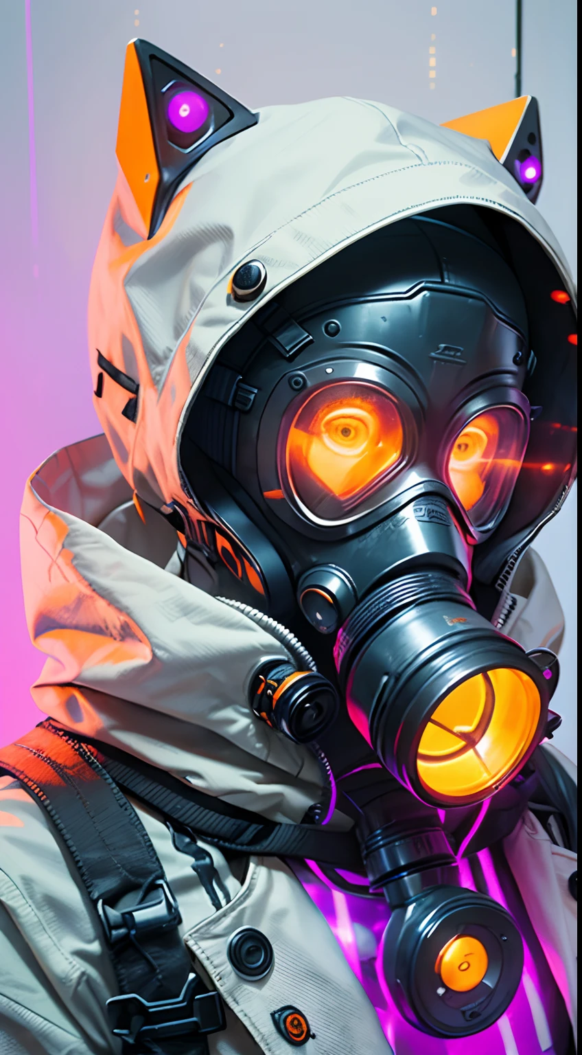 A man with gas mask with neon lights, looking at the viewer, side eye, white hood, gas mask, gas mask orange lights, X-shaped eyes, X-shaped eyes glowing orange, black gloves, white hood, bloodstained clothes, white clothes with blood, white coat, white vest, purple backdrop, purple background, purple walls